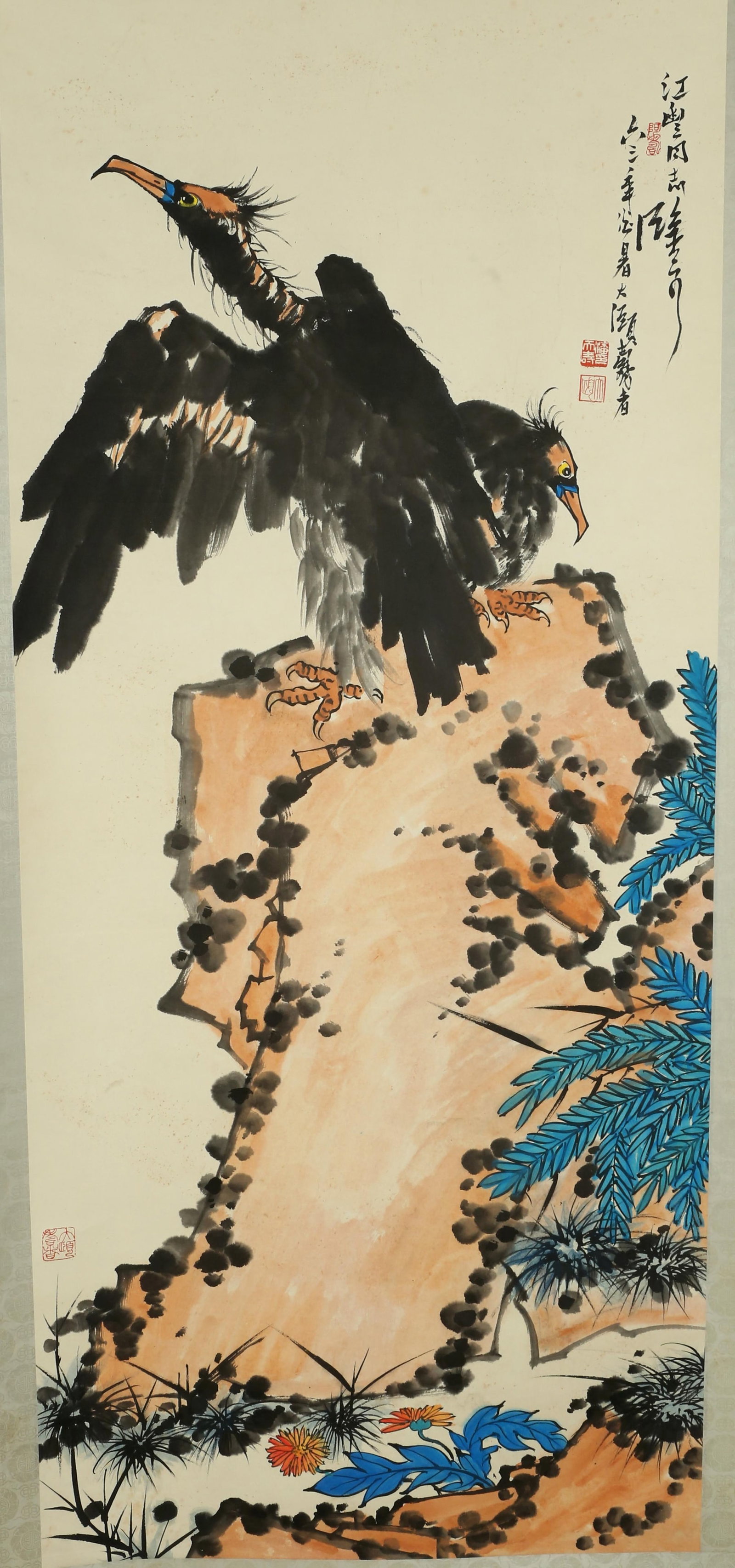 Chinese Hanging Scroll Painting: Ink and color on paper, depicting a bald eagle. Height: 54" Length: 23.6"