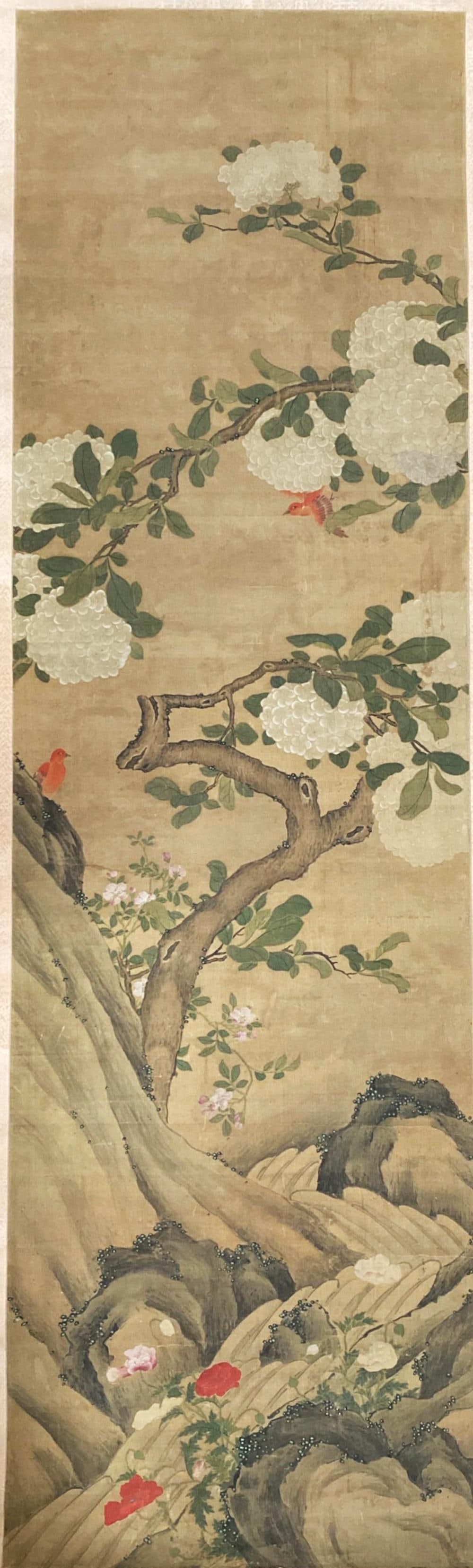 Antique Chinese Scroll Painting: Ink and color on paper. Length: 18.8" Height: 62.5" (painting)Provenance: From an estate sale in Beverly Hill, California.