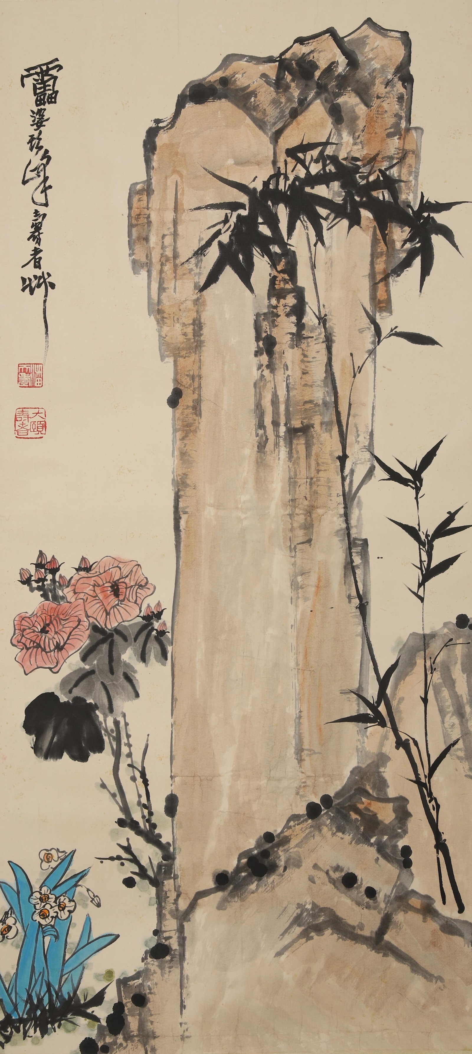 A Hanging Scroll Depicting Flowers: A Hanging Scroll Depicting Flowers Attributed to Pan Tianshou. Dimensions: 45.28in x 20.08in.