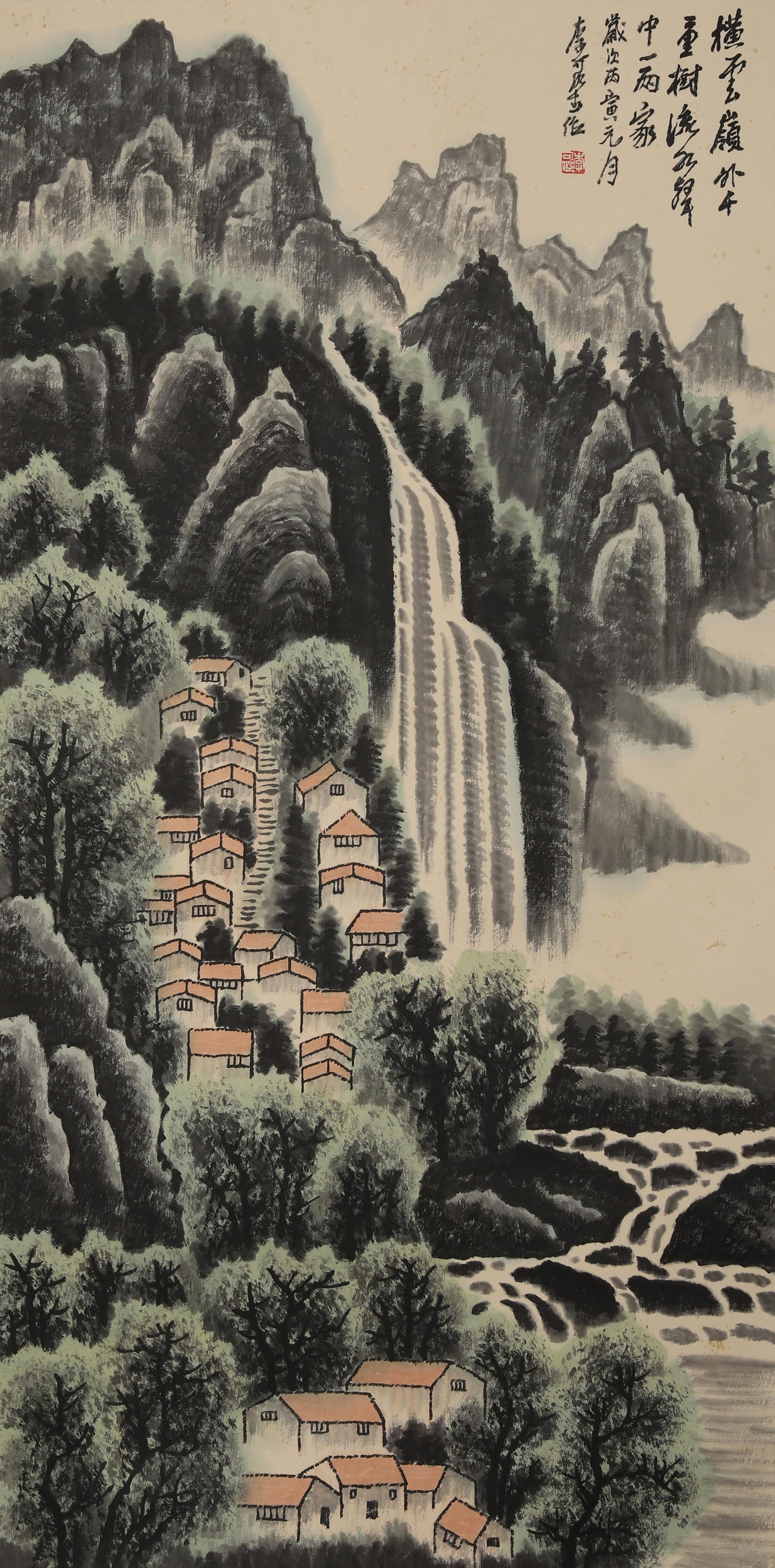 A Hanging Scroll Depicting Landscape: A Hanging Scroll Depicting Landscape Attributed to Li Keran. Dimensions: 38.98 inches x 19.09 inches.