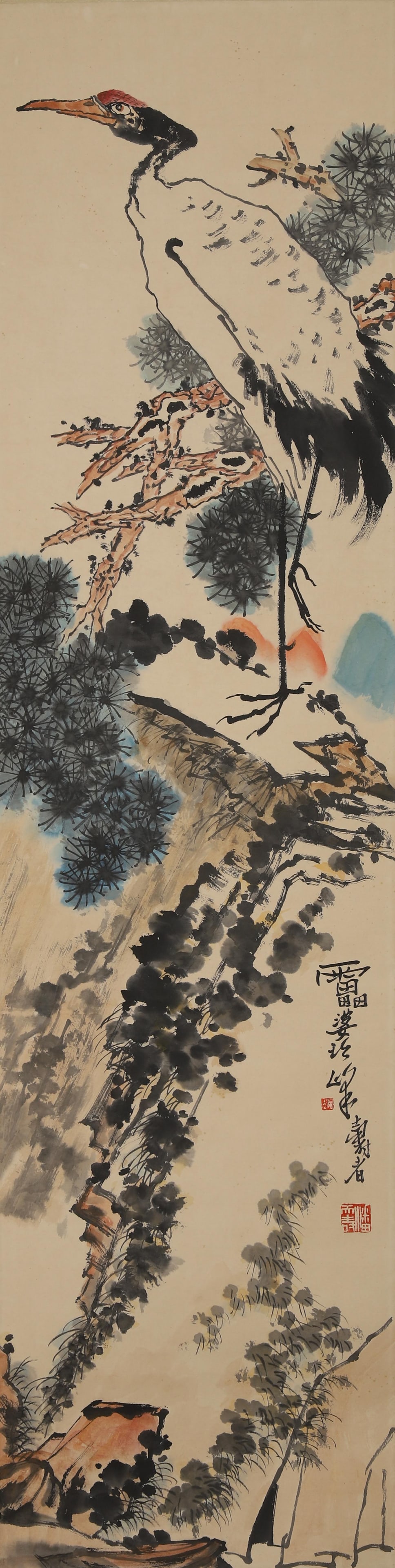 A Hanging Scroll Attributed to Pan Tianshou: A Hanging Scroll Depicting Flower and Bird Attributed to Pan Tianshou. Dimensions: 53.94 inches x 13.78 inches.
