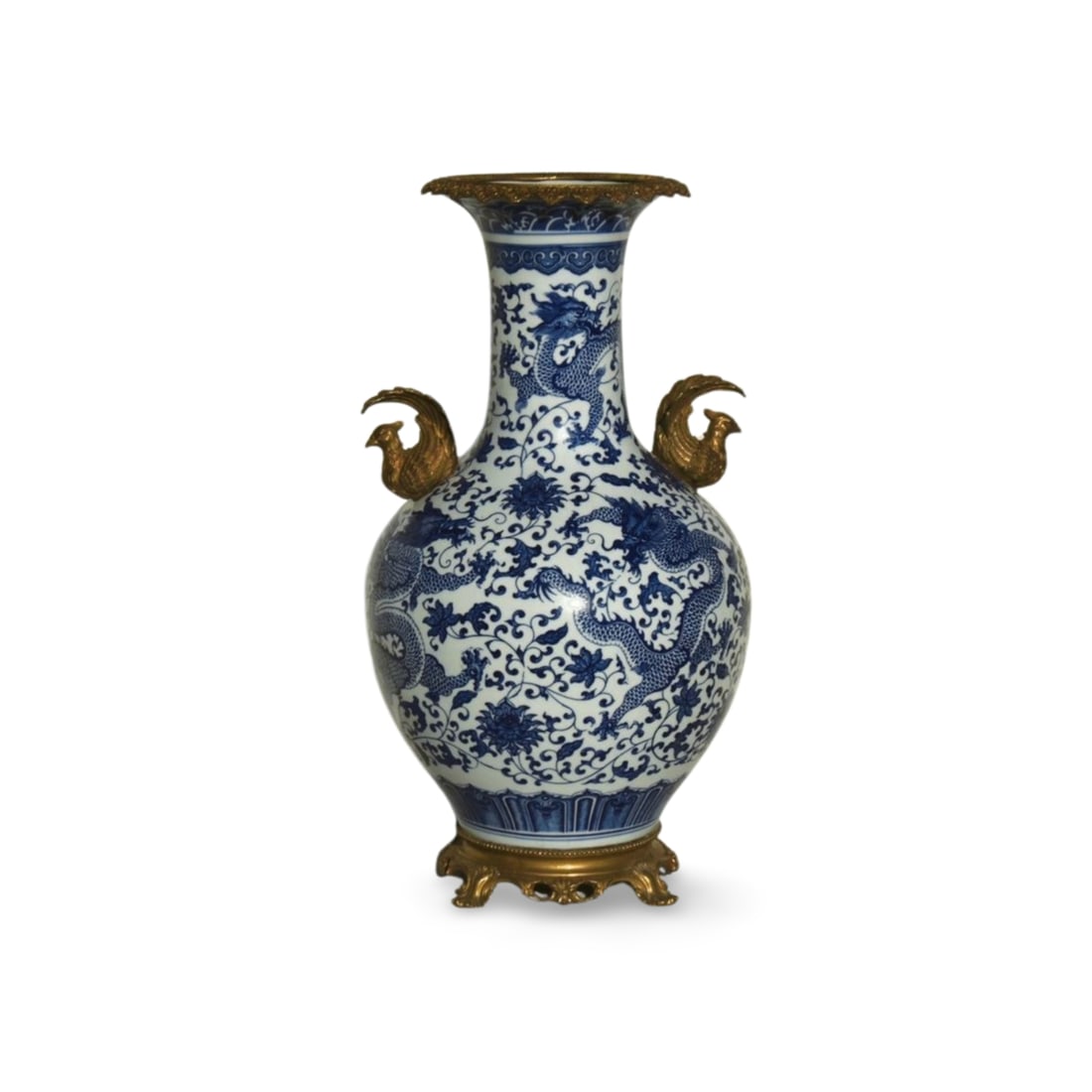 A Blue and White Vase with Bronze Accents and Box: A Blue and White Vase with Bronze Accents and Box. Dimension: 11.5" x 21.2"