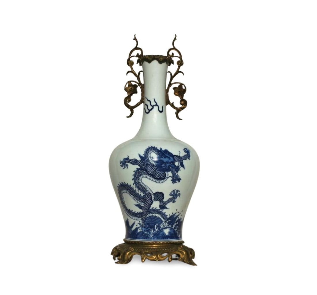 A Blue and White Vase with Bronze Accents and Box: A Blue and White Vase with Bronze Accents and Box. Dimension: 8" x 20.75"