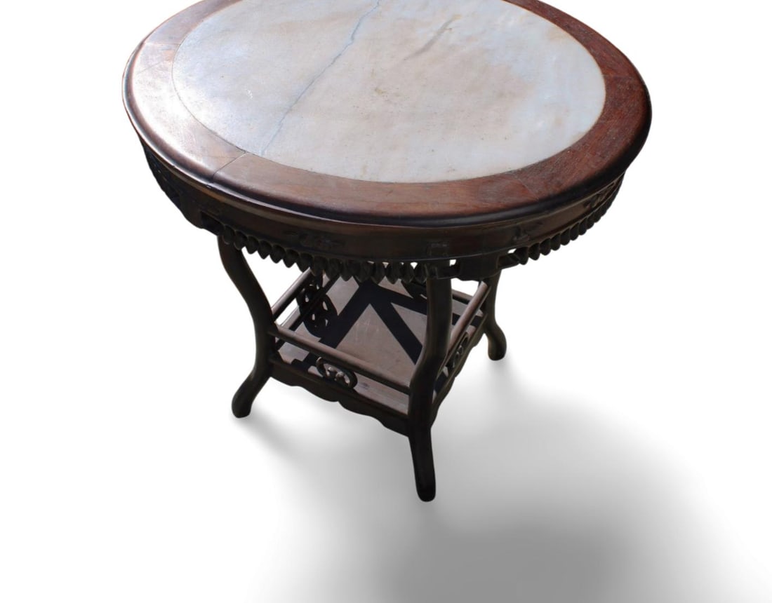Chinese Hardwood Round Table with Marble Top Inlay: Chinese Hardwood Round Table with Marble Top Inlay. Dimension: 32" x 31".