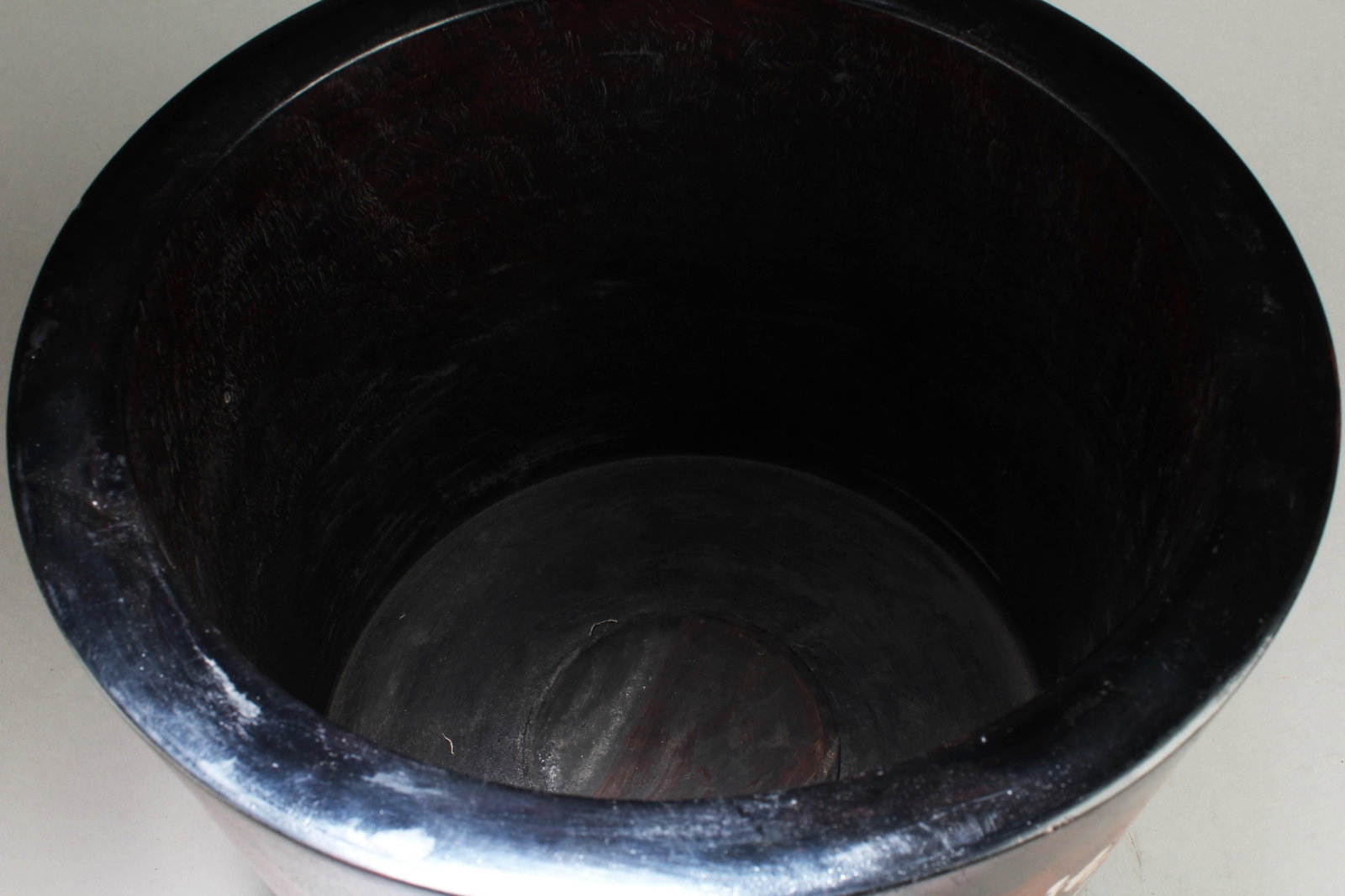 A Large Chinese Wooden Brushpot with Mother Pearl: A Large Chinese Wooden Brushpot with Mother Pearl Inlay. Diameter: 12.25" Height: 11".
