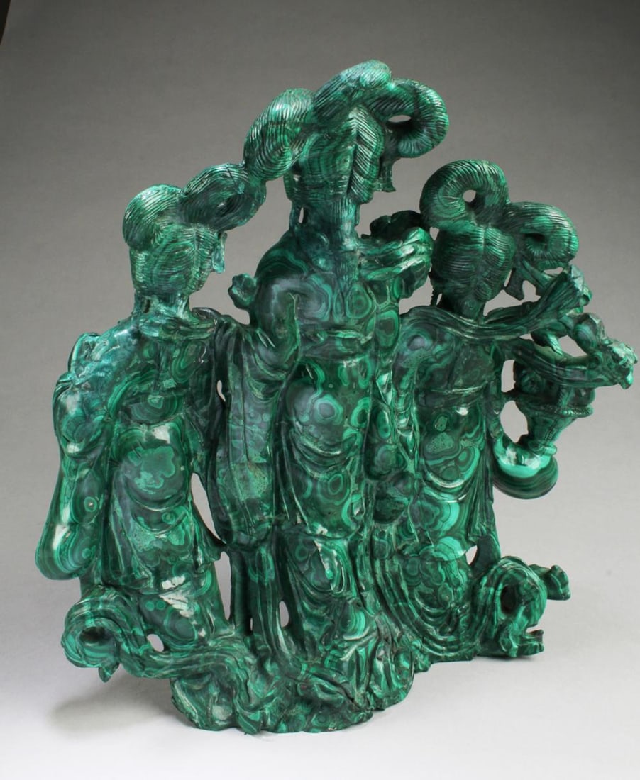 A Chinese Carved Malachite Ornament: A Chinese Carved Malachite Ornament. Height: 12.5".