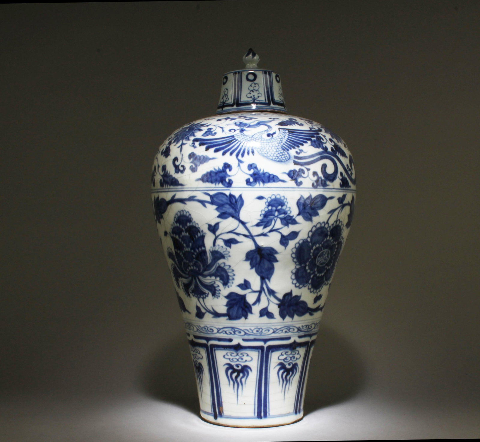 A Blue and White Meiping Vase with Lid: A Blue and White Meiping Vase with Lid. A Blue and White Meiping Vase with Lid. Dimensions: 20" x 9.5".