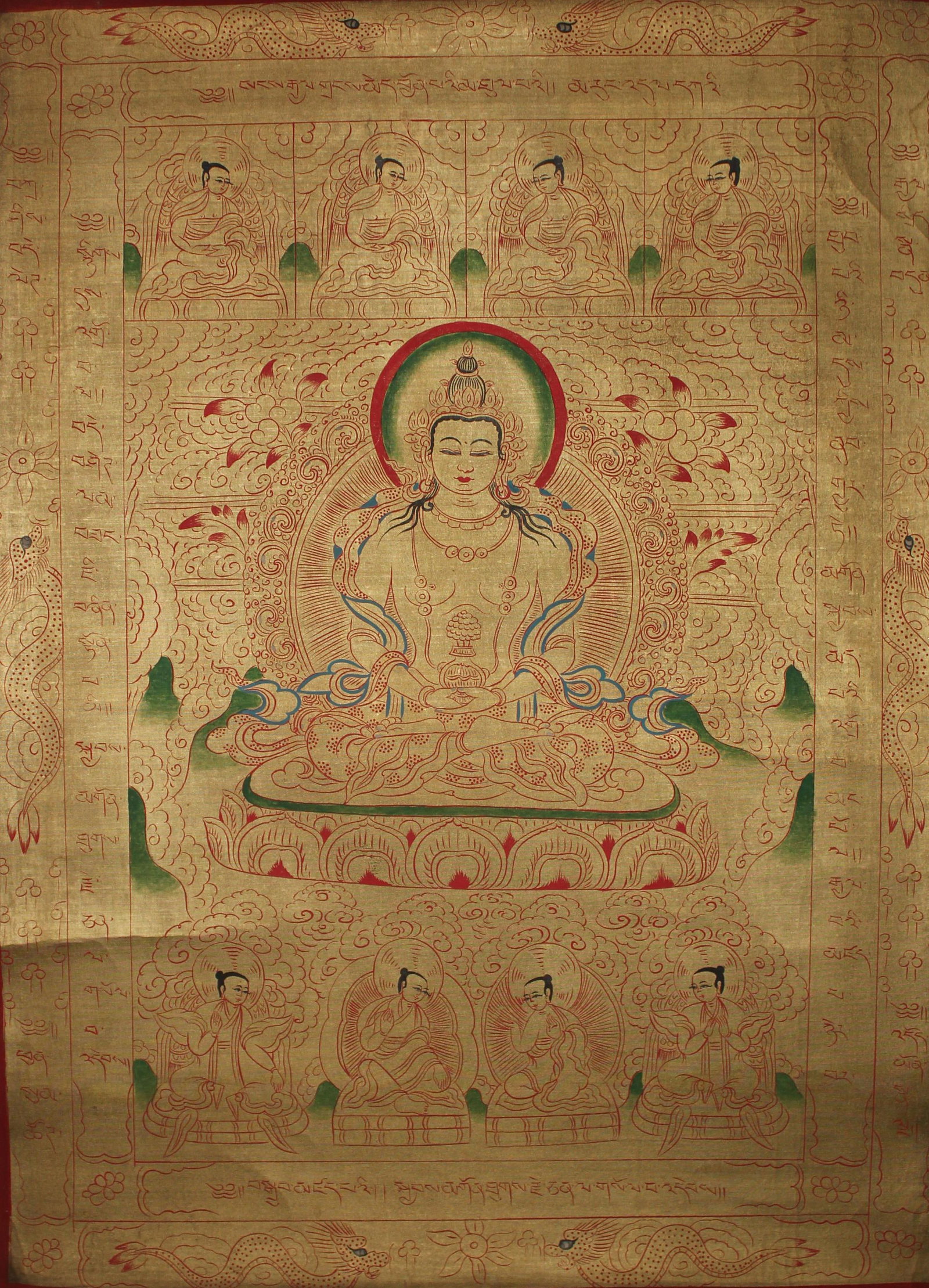 A Tibetan Thangka: A Tibetan Thangka. Height: 71.2" Length: 36.6" (Outer) Height: 35.4" Length: 25.9" (Inner)