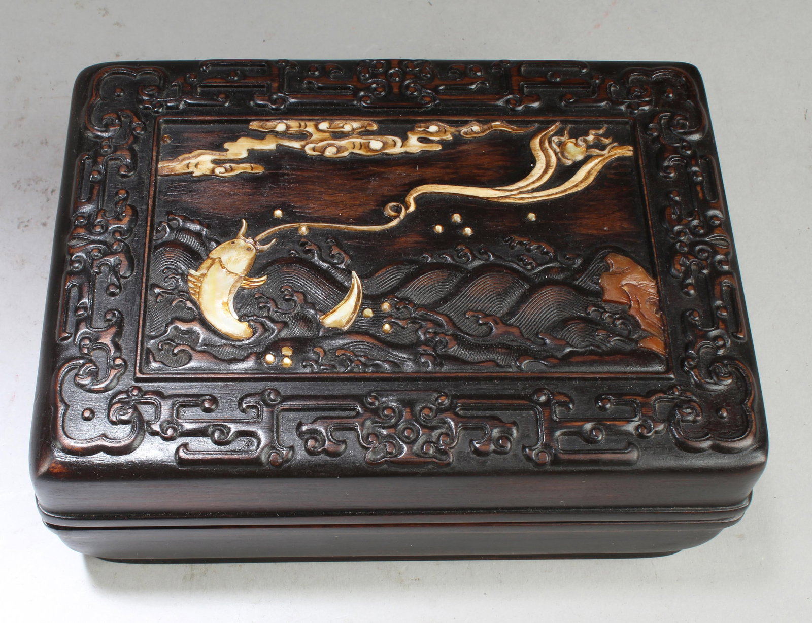 Chinese Hardwood (possibly Zitan) Rectangular Box: Chinese Hardwood (possibly Zitan) Rectangular Box with mother pearl inlay. Length: 7" Width: 5" Height: 2.75"
