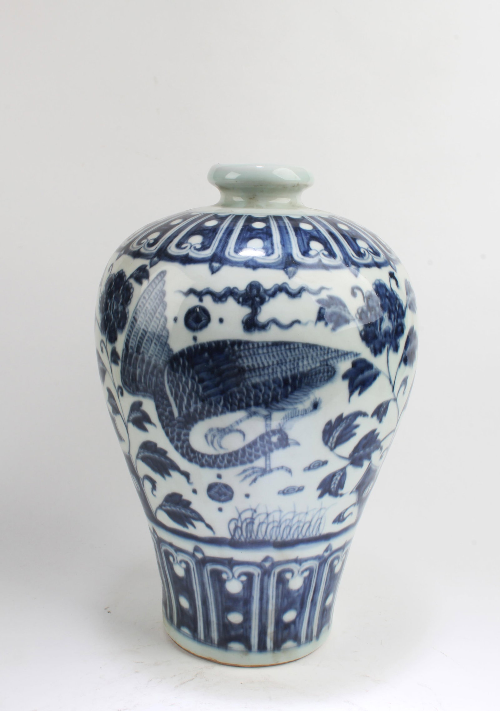Chinese Blue & White Meiping Vase: Chinese Blue & White Meiping Vase. Height: 11.25"