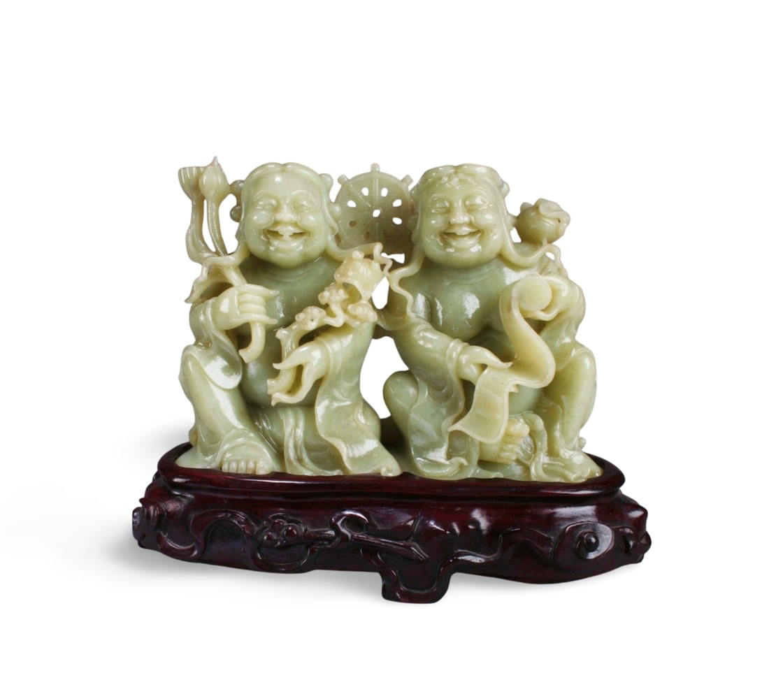Chinese Nephrite Jade 'HeHe' Statue, GIA Report: Chinese Nephrite Jade 'HeHe' Deity Statue. Comes fitted with a stand. Weight:5200 gram. Dimension: 28.00 x 19.10 x 9.20cm. GIA Report #2141621324