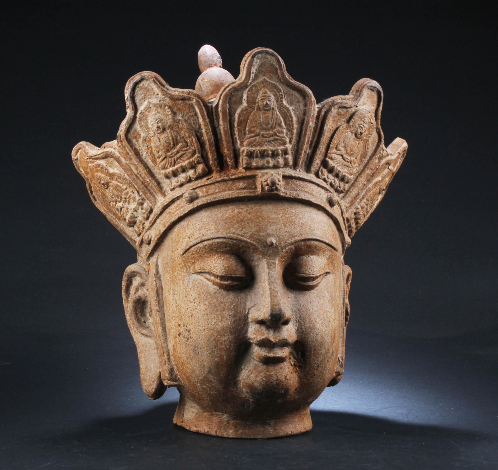 A Large Metal Buddha Head: A Large Metal Buddha Head. Height: 17.5" Diameter: 13.5"