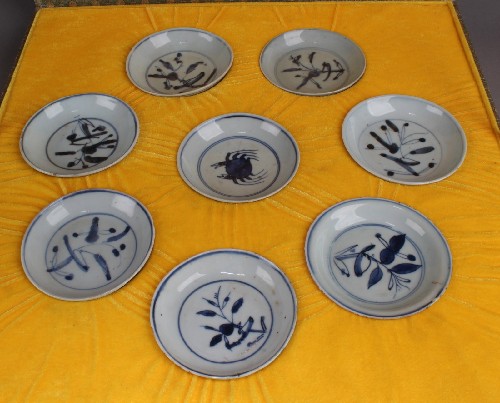 A Group of Eight Chinese Blue & White Dish: Ming Dynasty, Group of Eight Chinese Blue & White Porcelain Dish. Diameter: 4" Comes with box.