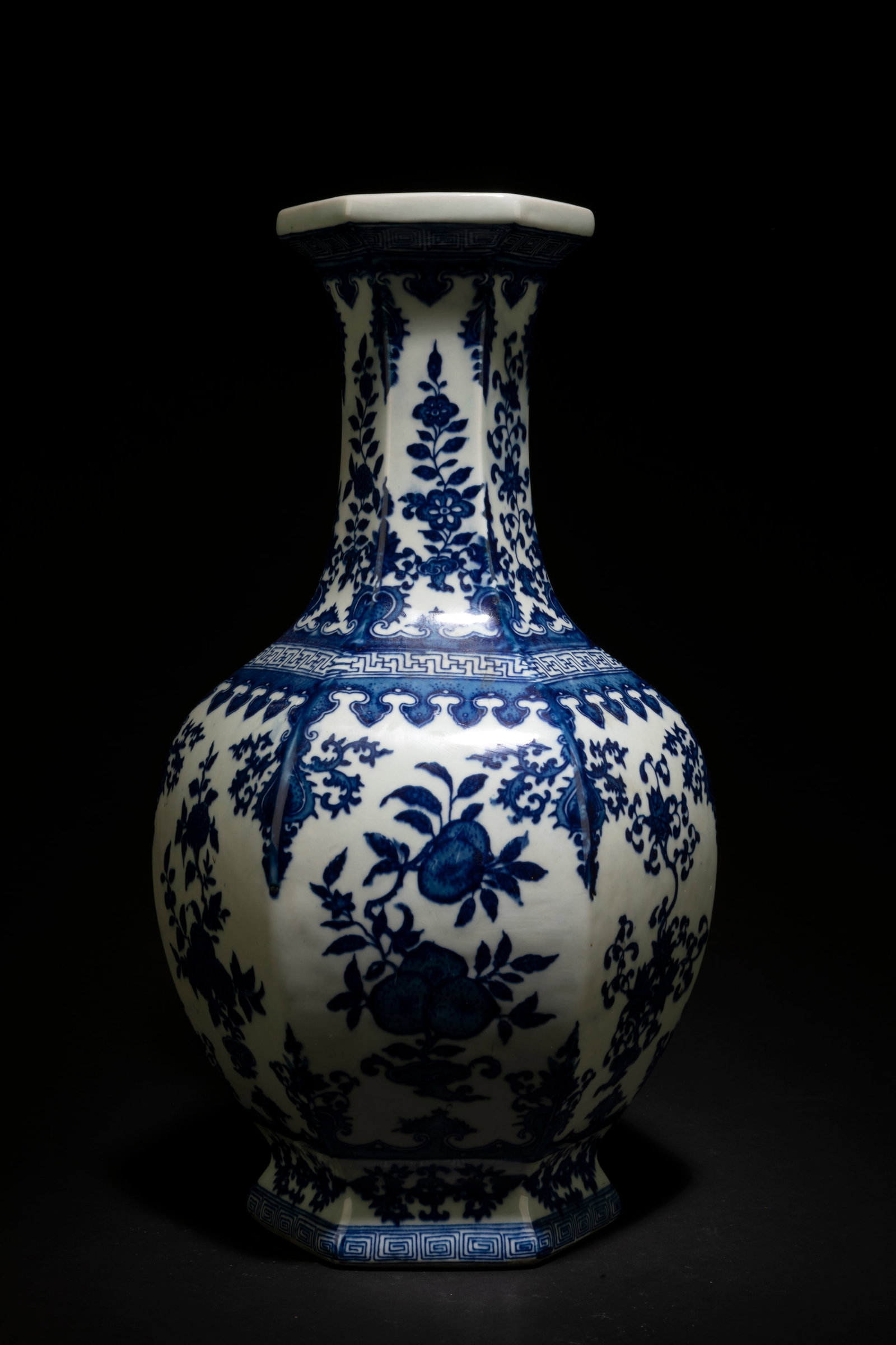 A Large Hexagonal Shaped Blue & White Vase: A Large Hexagonal Shaped Blue & White Porcelain Vase. height: 14.75"