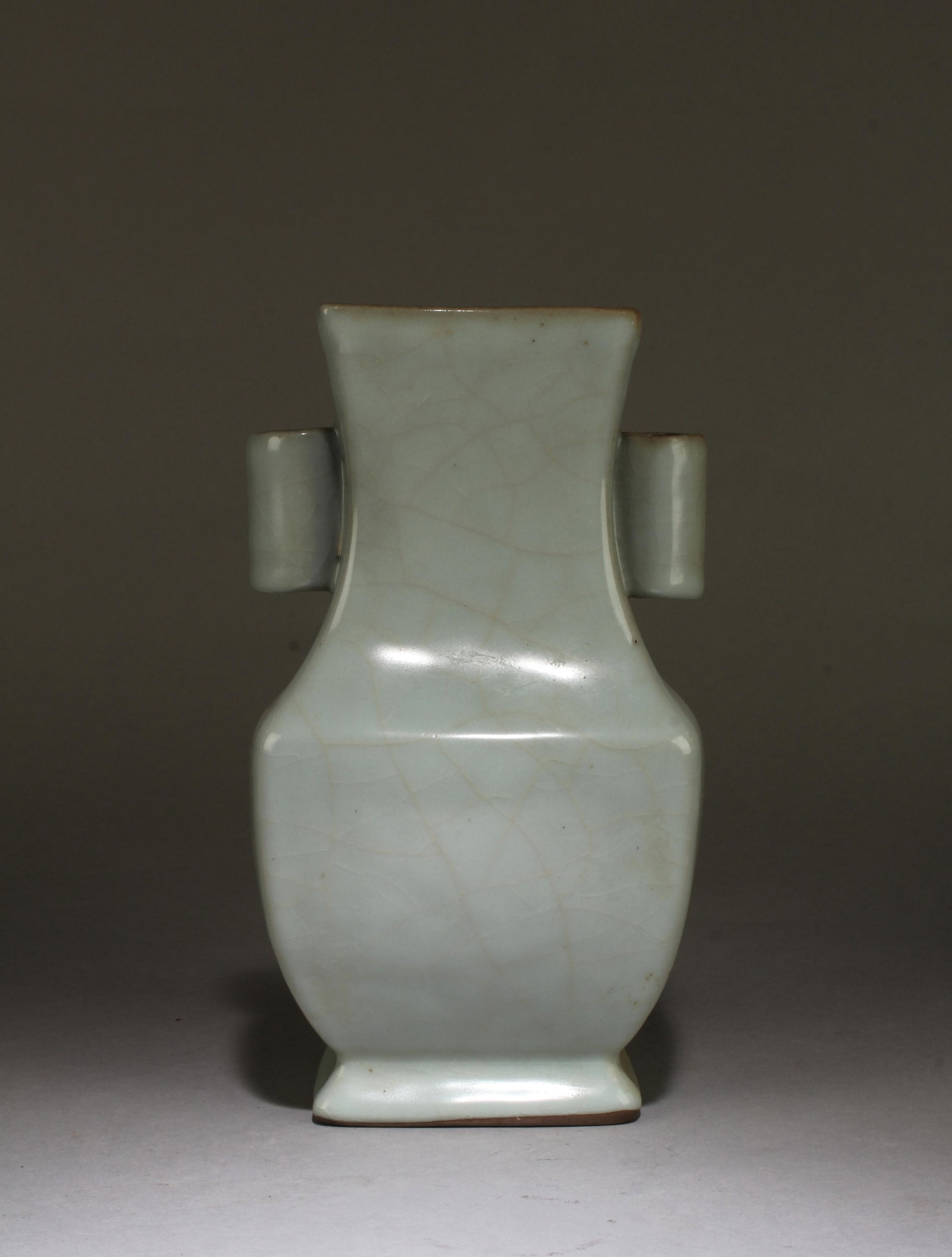 Chinese Ruyao Vase: Chinese Ruyao Vase, flanked by twin cylindrical looped handles. Height: 8.25"