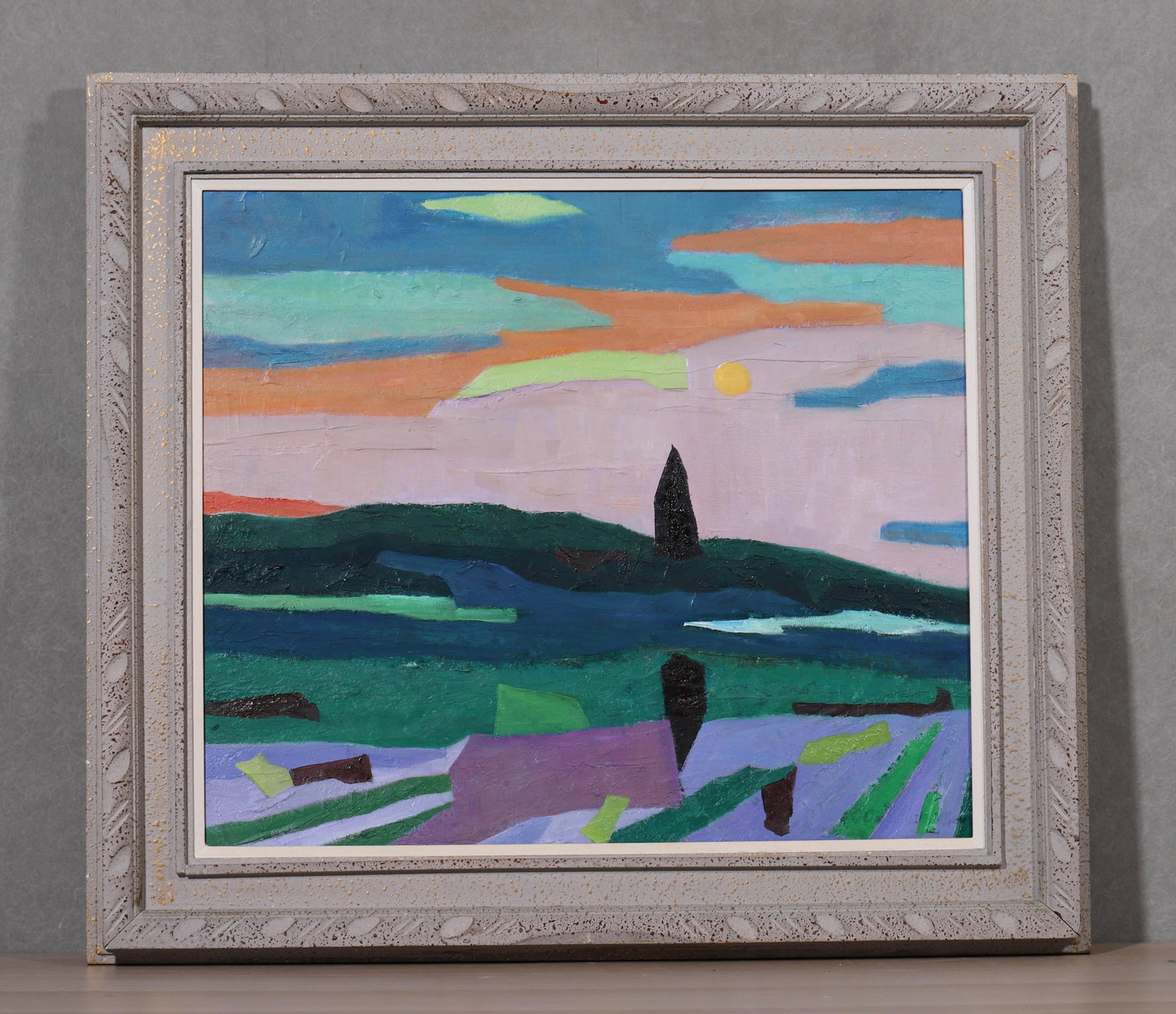 ETEL ADNAN (1925-2021), LEBANESE-AMERICAN, OIL ON CANVAS, VINTAGE CARVED GREY GILT FRAME, ATTRIBUTED: Frame L 68.0cm (26.77 in); Frame W 61.0cm (24.02 in); Image Area L 52.0cm (20.47 in); Image Area W 45.0cm (17.72 in),The work retains original canvas and period frame with natural signs of age. The pa