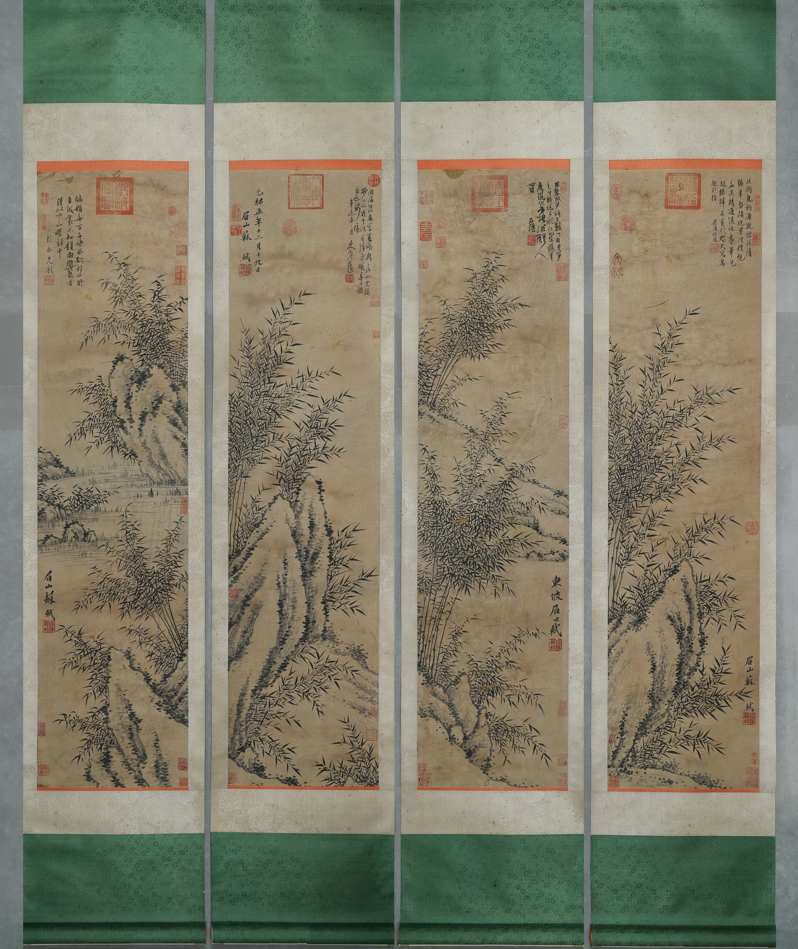 A Set of Four Ink Paintings "Bamboo by Rocky Streams" Attributed to Su Shi, Song Dynasty, Hanging: Painting Core SizeL 136cm (53.54 in); W 34cm (13.39 in); Qty 4A set of four Song Dynasty hanging scrolls, ink paintings of bamboo and rocks attributed to Su Shi. With vigorous brushwork and elegant st