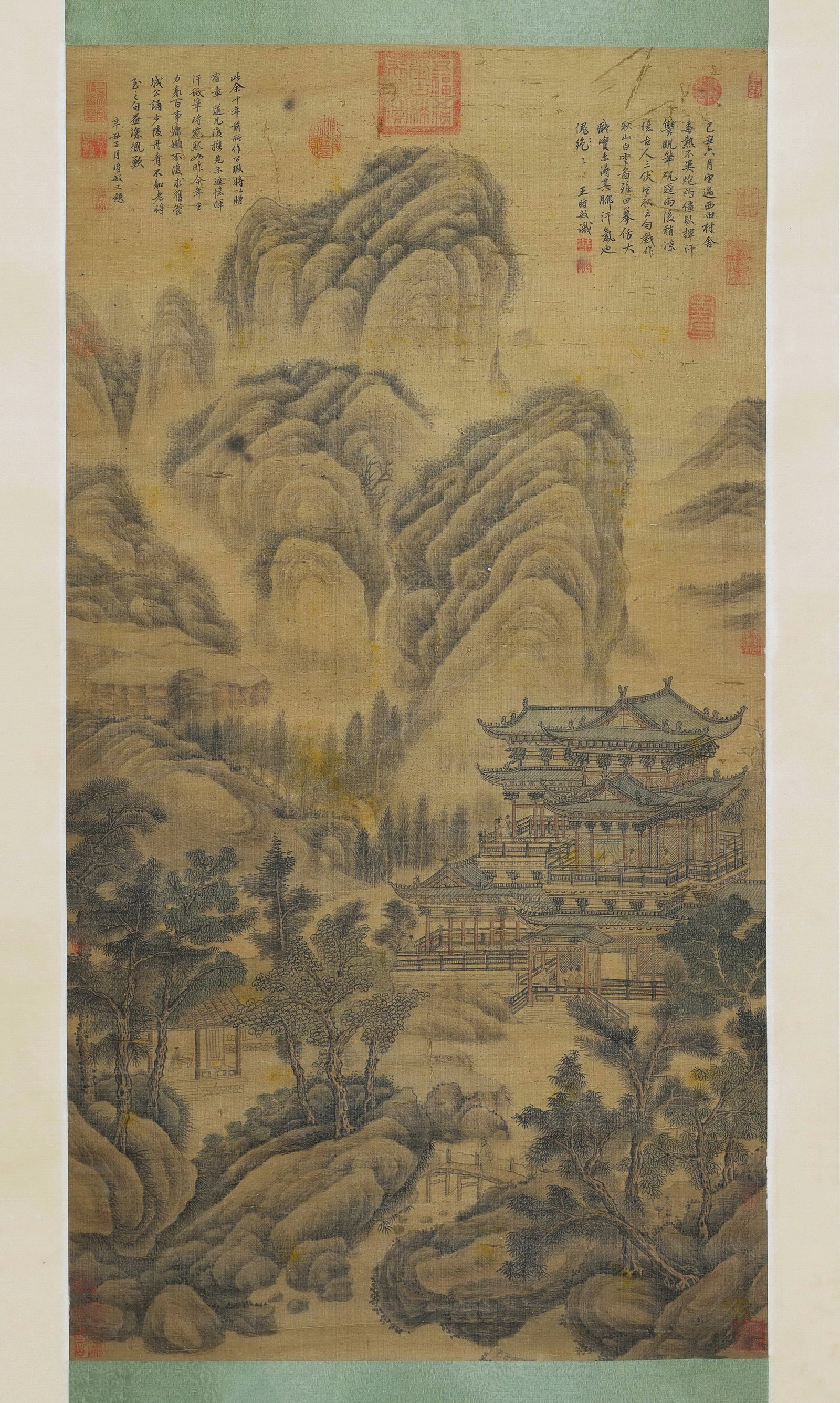 An Old Silk Hanging Scroll of "Autumn Mountains with White Clouds and Pavilions" by Wang Shimin,: Picture Core: L 130cm (51.18 in); W 68cm (26.77 in)This hanging scroll is an authentic work by Wang Shimin of the Qing Dynasty. It depicts autumn mountains with white clouds and pavilions on old silk,