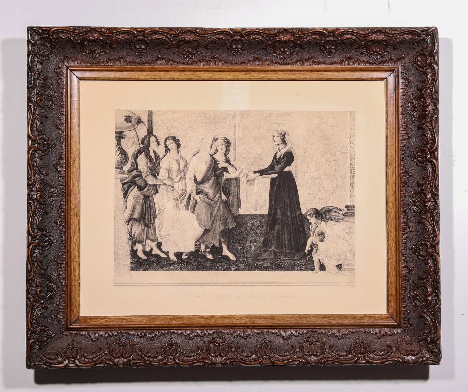 THE THREE GRACES, 1910, SANDRO BOTTICELLI ETCHING WITHIN A 19TH CENTURY ANTIQUE FRAME: Fr.80x70cm Img.49.5x37cm (31.50x27.56 in , 2.62x2.30 ft | 19.49x14.57 in , 1.62x1.21 ft),Engraver: Abel Mignon (1861-1936)