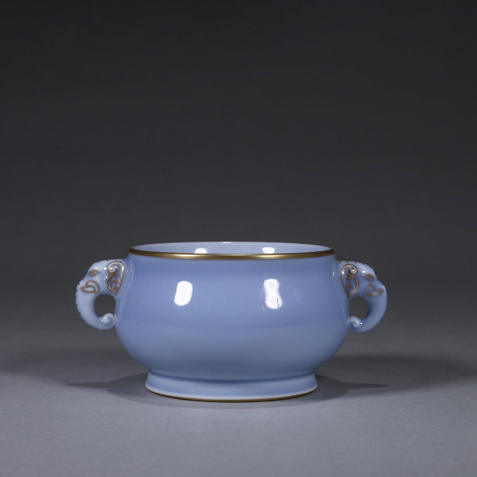 Qing Dynasty, Sky-Blue Glazed Censer with Elephant Handles: L: 12.5cm (4.92in) W: 8cm (3.15in) H: 5.3cm (2.09in)