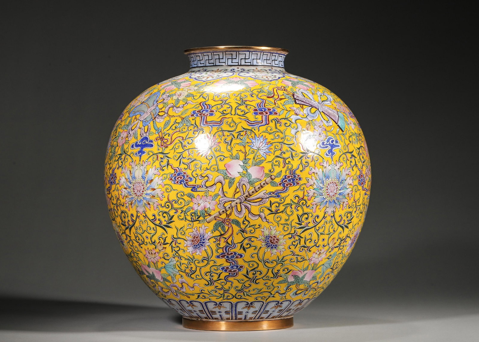 QIANLONG PERIOD, QING DYNASTY COPPER-BODIED ENAMEL POMEGRANATE VASE WITH EIGHT IMMORTALS AND FLORAL (1 of 8)