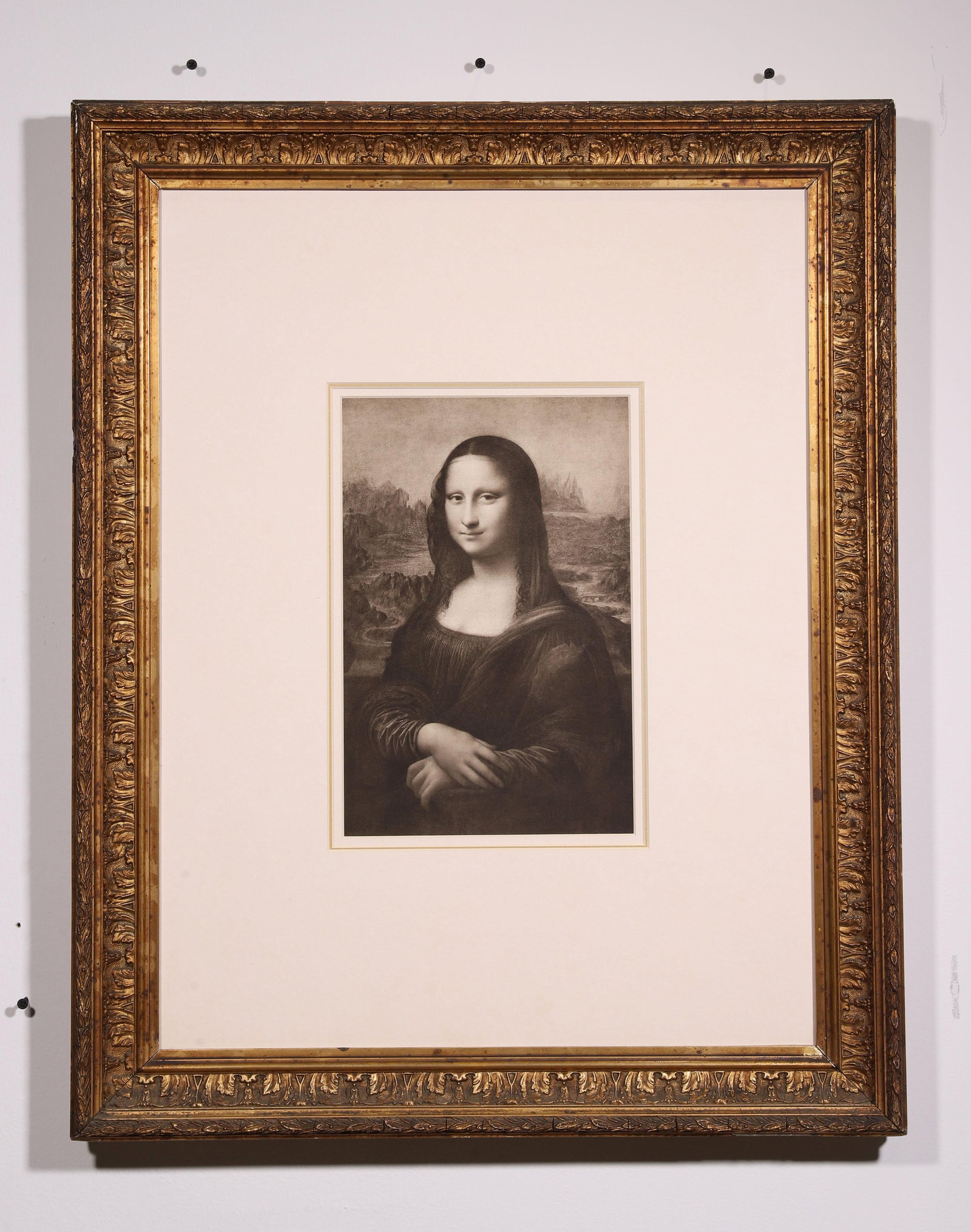MONA LISA, 1900 PHOTOGRAVURE WITHIN A 19TH CENTURY ANTIQUE FRAME: Fr.76.5x61.5cm Img.33x21.5cm (30.12x24.21 in , 2.51x2.02 ft | 12.99x8.46 in , 1.08x0.71 ft),Mona LisaLa GiocondaGerman Photogravure Copper Plate Print, Dated 1900After the original work by Leonardo da