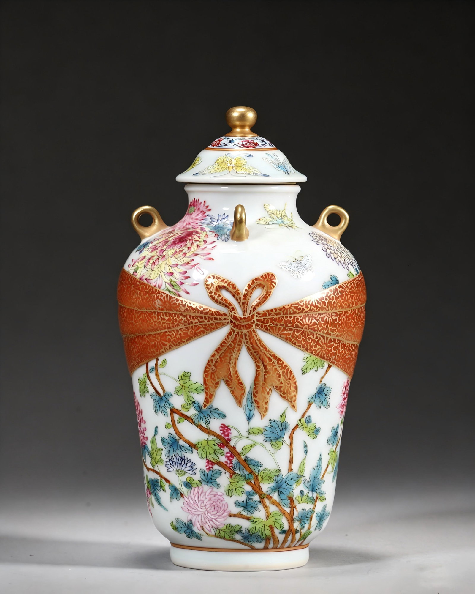 A FAMILLE ROSE PORCELAIN VASE WITH GILT THREE LOOPS, CHRYSANTHEMUM AND BUTTERFLY DECORATION, (1 of 8)