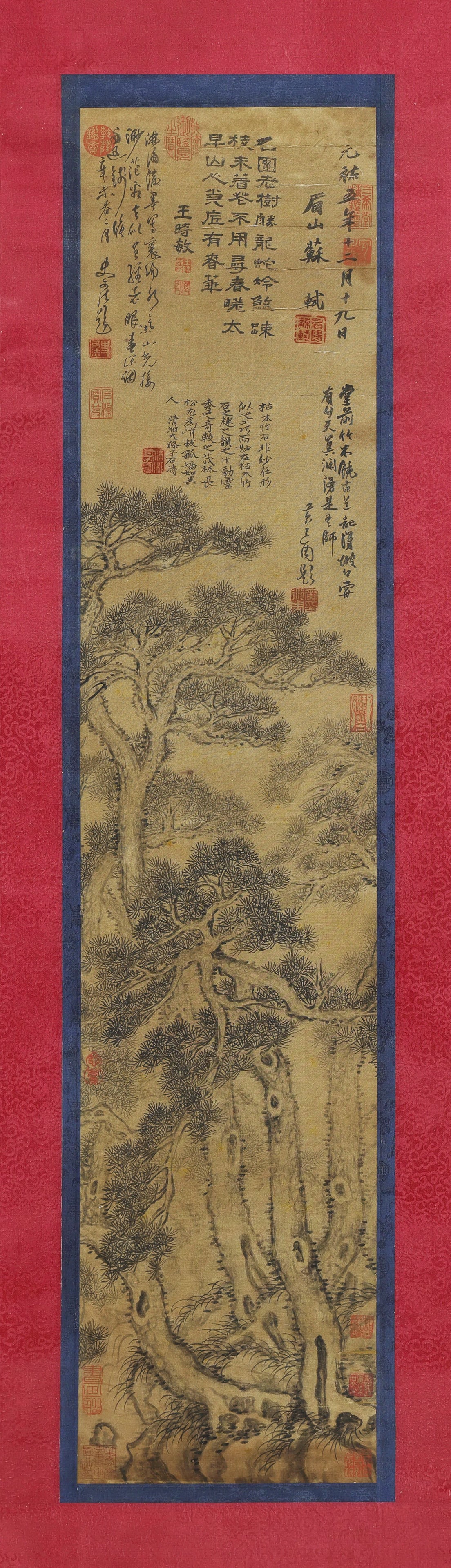 An Old Silk Hanging Scroll of "Pine Forest" by Su Shi, Song Dynasty: Picture Core: L 122cm (48.03 in); W 26cm (10.24 in)This hanging scroll is a representative work by Su Shi of the Song Dynasty, depicting pine trees with powerful brushwork. With complete inscriptions 