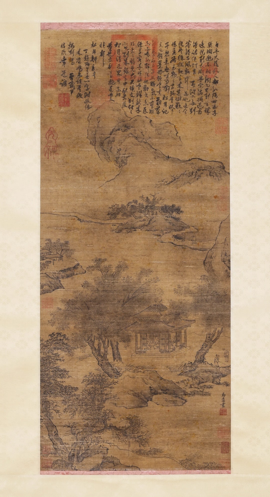 A Silk Hanging Scroll of "Hermitage in Deep Mountains" by Ma Yuan, Song Dynasty: Picture Core: L 76.5cm (30.12 in); W 33cm (12.99 in)This Southern Song landscape painting adopts Ma Yuan's "one-corner" composition, depicting a secluded hermitage with pavilions in mountains. The roc