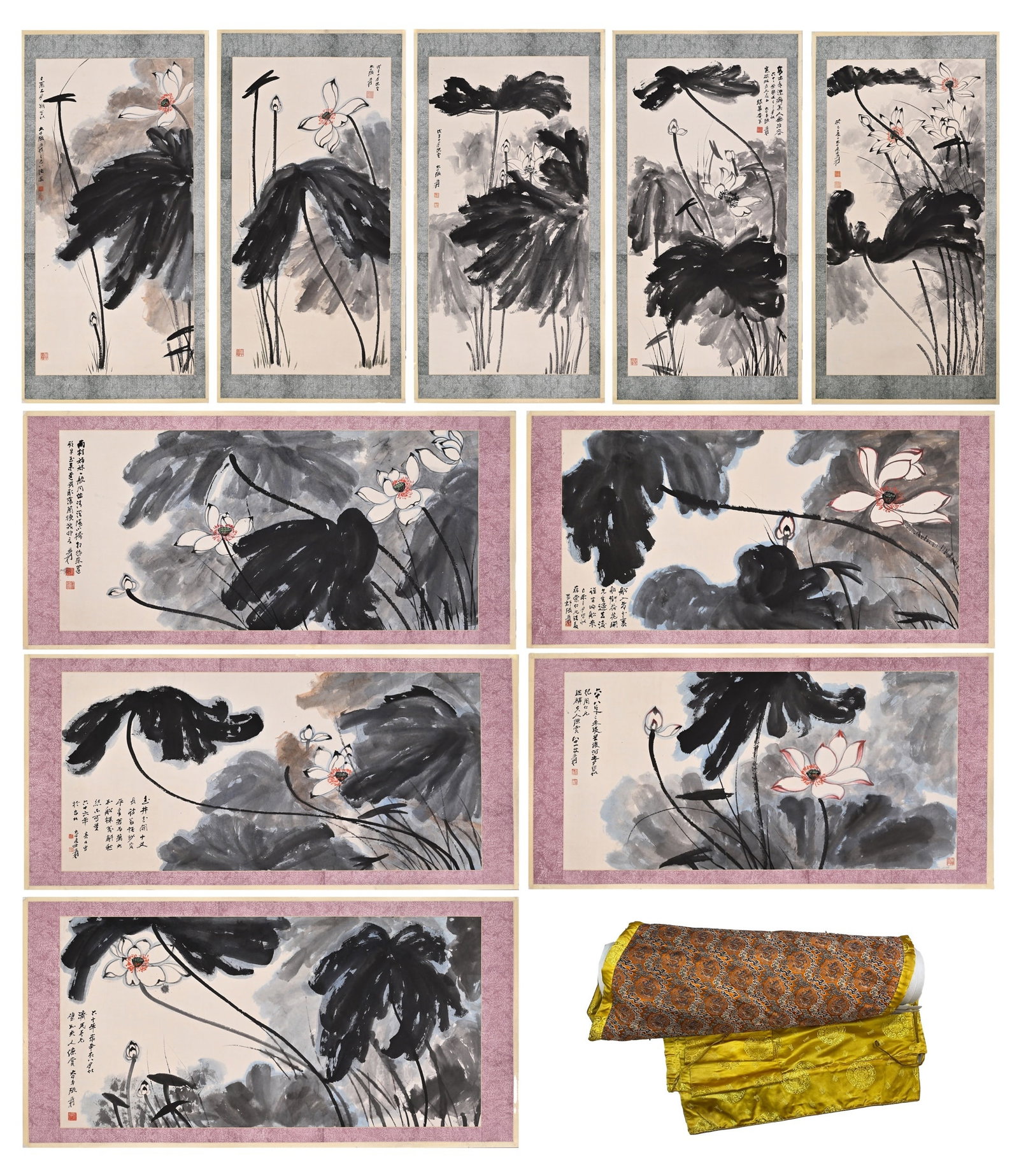A Set of Ten Vertical Scrolls of Ink Lotus by Zhang Daqian, Republic of China: Image Core H 136.0cm (53.54 in); W 68.0cm (26.77 in)This complete set of ten vertical lotus scrolls is painted by Zhang Daqian in the Republic of China. It features bold splash-ink lotus leaves and el