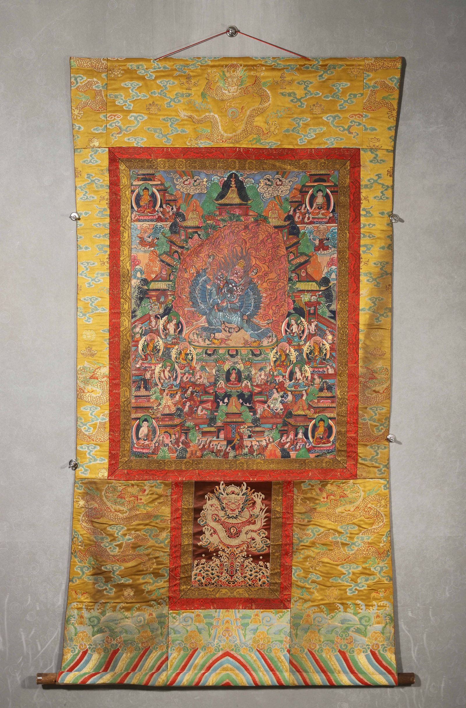 QING DYNASTY, A FINE TIBETAN THANGKA OF YAMANTAKA MANDALA, WITH MOUNTING AND INSCRIPTIONS: 31.5" x 22.83" inches (80.0 cm x 58.0 cm) (Main)This 18th-19th century Tibetan thangka is painted with mineral pigments on cloth, centered on Yamantaka, surrounded by Buddhas, bodhisattvas and mandala