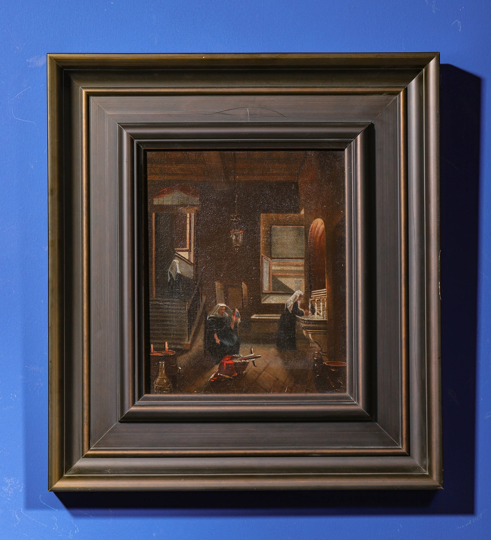 17TH-CENTURY OIL PAINTING THE MYSTERIOUS CONVENT IN THE STYLE OF JOHANNES VERMEER (1632-1675): Img.Sz.24x30cm Fr.Sz.47x52cm (9.45x11.81 in , 0.79x0.98 ft | 18.50x20.47 in , 1.54x1.71 ft),Characteristic of the Dutch Golden Age Little School style, it features a small format with exquisitely rend
