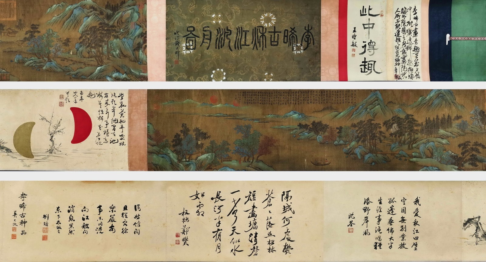 A Handscroll of "Autumn Mountain with Boat" by Li Tang, Song Dynasty: Picture Core: L 35cm (13.78 in); W 205cm (80.71 in); Total L 700cm (275.59 in)This handscroll is a fine example of Song Dynasty Academy landscape painting, depicting autumn mountains and a boat on the