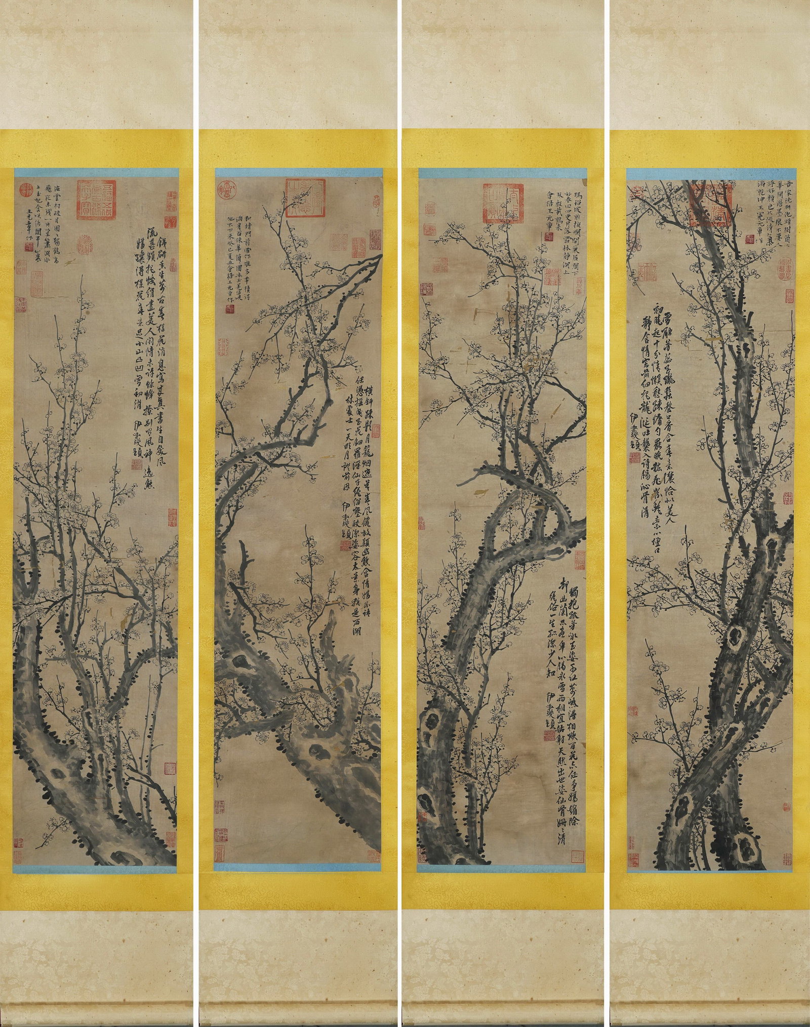 Four Hanging Scrolls of "Plum Blossoms in Four Seasons" by Wang Mian, Yuan Dynasty (1 of 9)