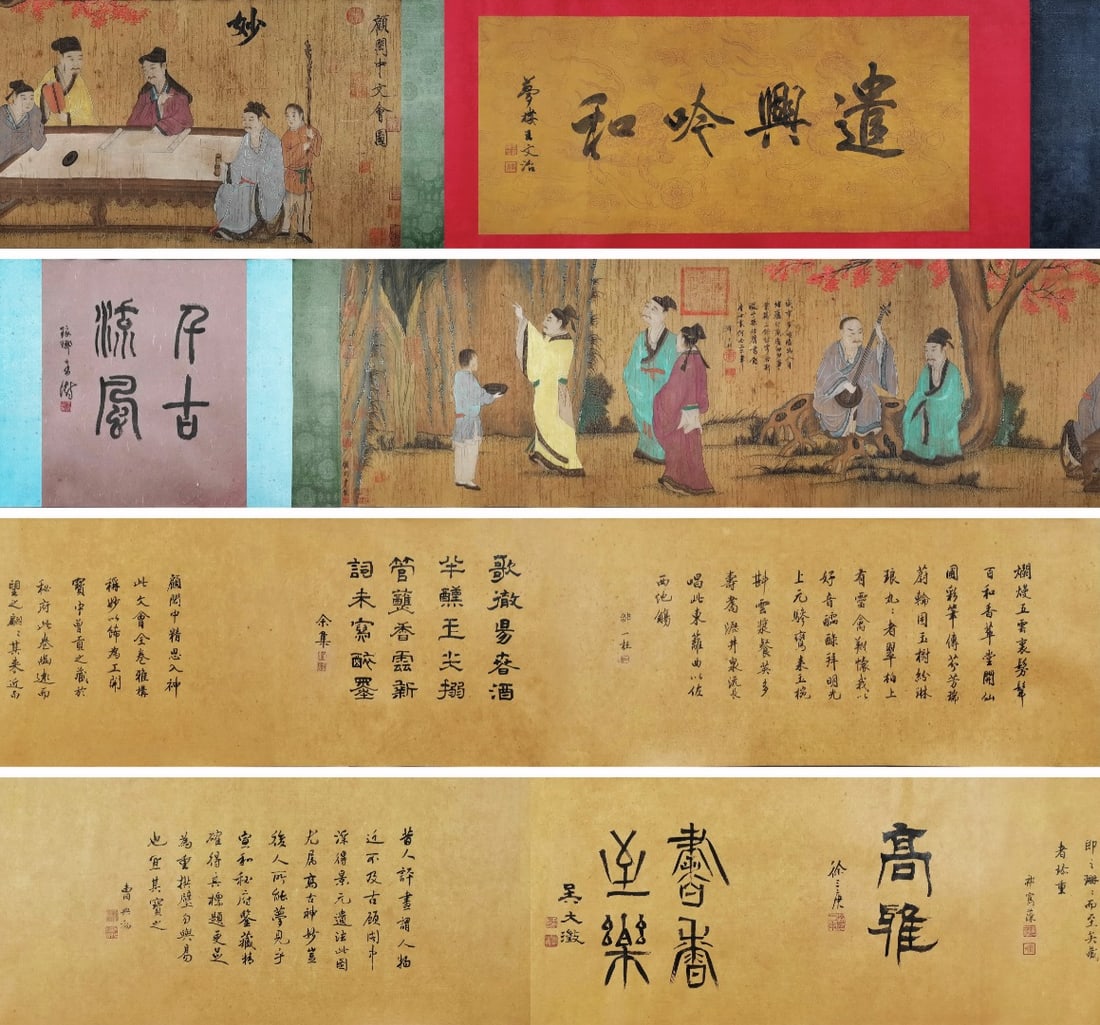 GU HONGZHONG, LITERARY GATHERING ON OLD SILK, HANDSCROLL, LONG SCROLL,FIVE DYNASTIES AND TEN: Painting Core Size: 192 x 41.5cm; Total Length: Approx. 7.5m,Five Dynasties literati gathering silk handscroll attributed to Gu Hongzhong. Preface inscribed by Wang Wenzhi. Figures depicted painting, 