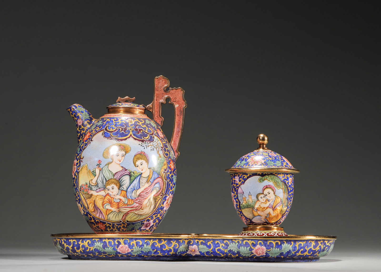 QIANLONG PERIOD, QING DYNASTY COPPER-BODIED ENAMEL TEA SET WITH WESTERN FIGURAL MEDALLIONS (1 of 10)