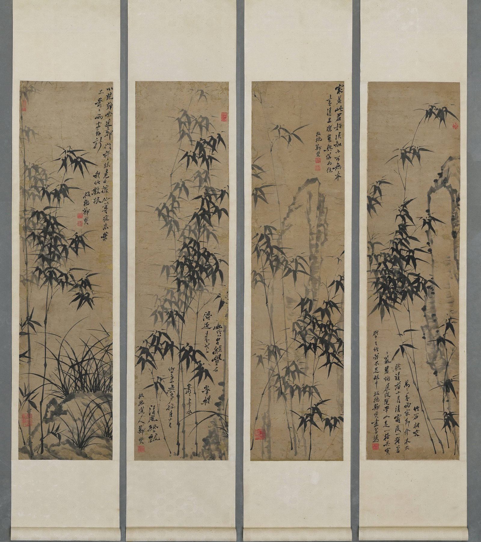 Four Hanging Scrolls of "Ink Bamboo" by Zheng Banqiao, Qing Dynasty (1 of 10)