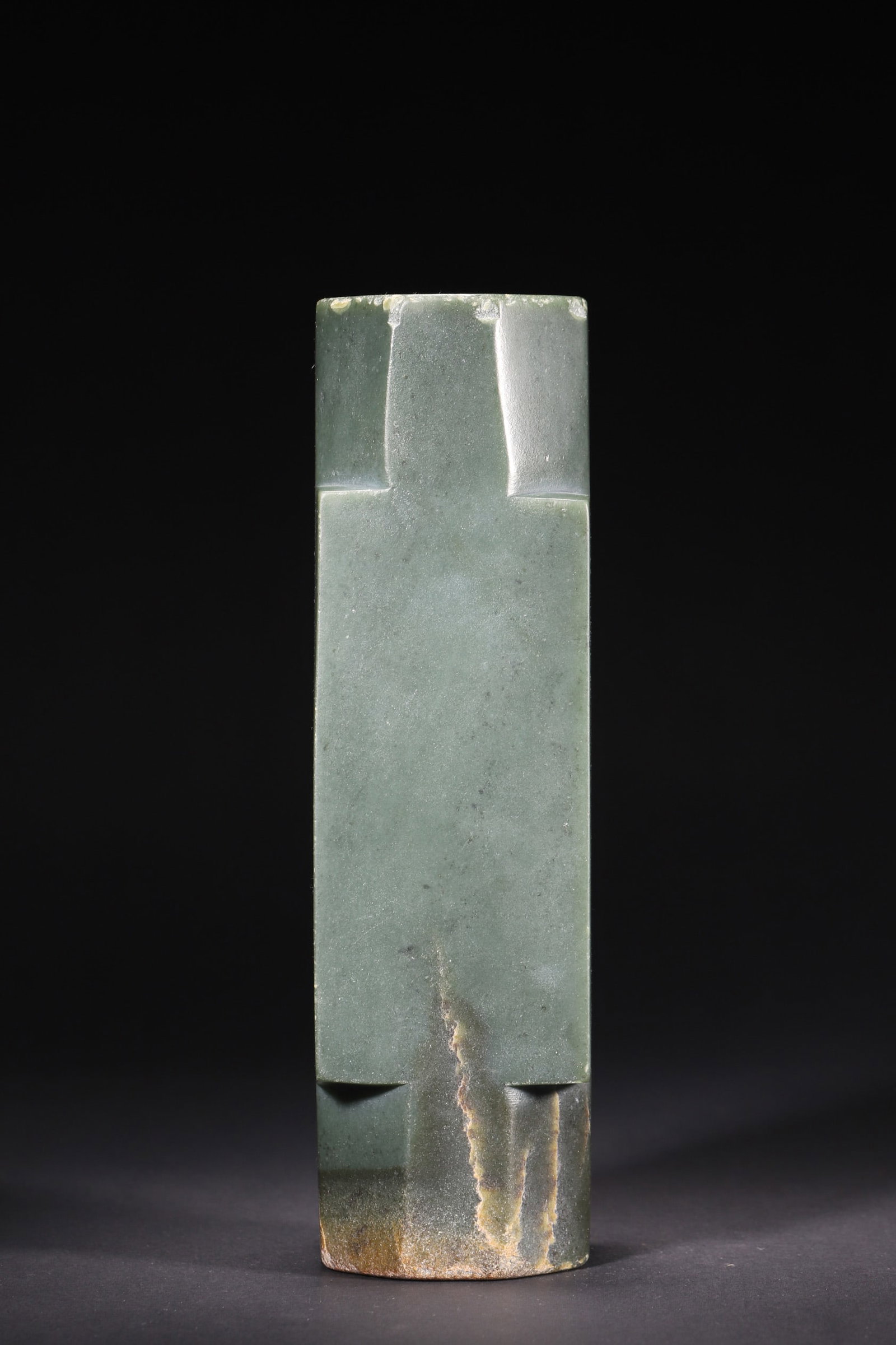 A - Qijia Culture Green Jade Cong, Neolithic Period: L 6.7cm (2.64 in); W 6.7cm (2.64 in); H 24.6cm (9.69 in); Wt 1831g (4.04 lb)This Qijia culture jade cong is a classic ritual artifact, carved from fine green jade. With a square outer form and round i