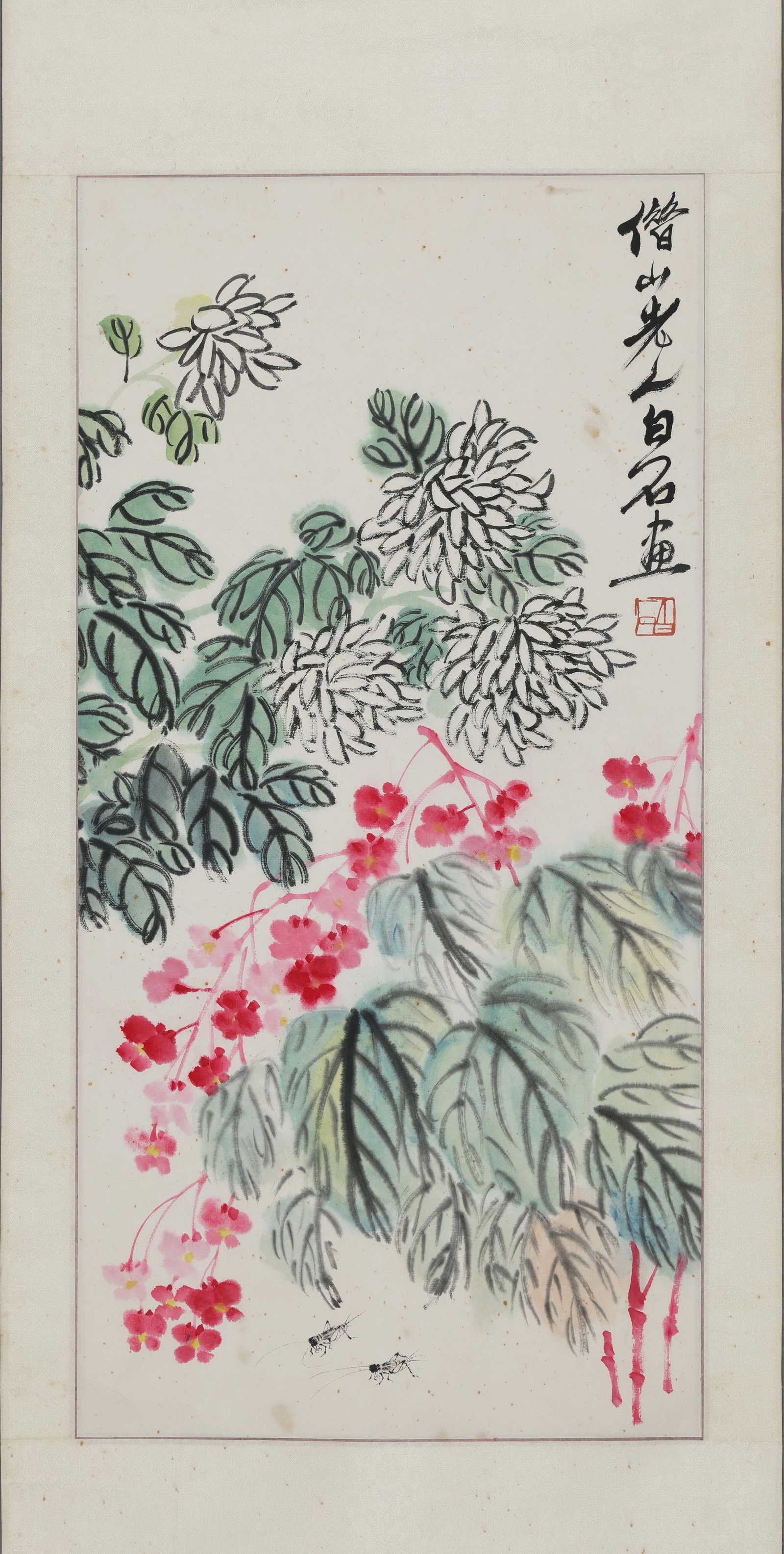 An Ink and Color Painting "Chrysanthemums, Begonias and Crickets" by Qi Baishi, Hanging Scroll (1 of 10)