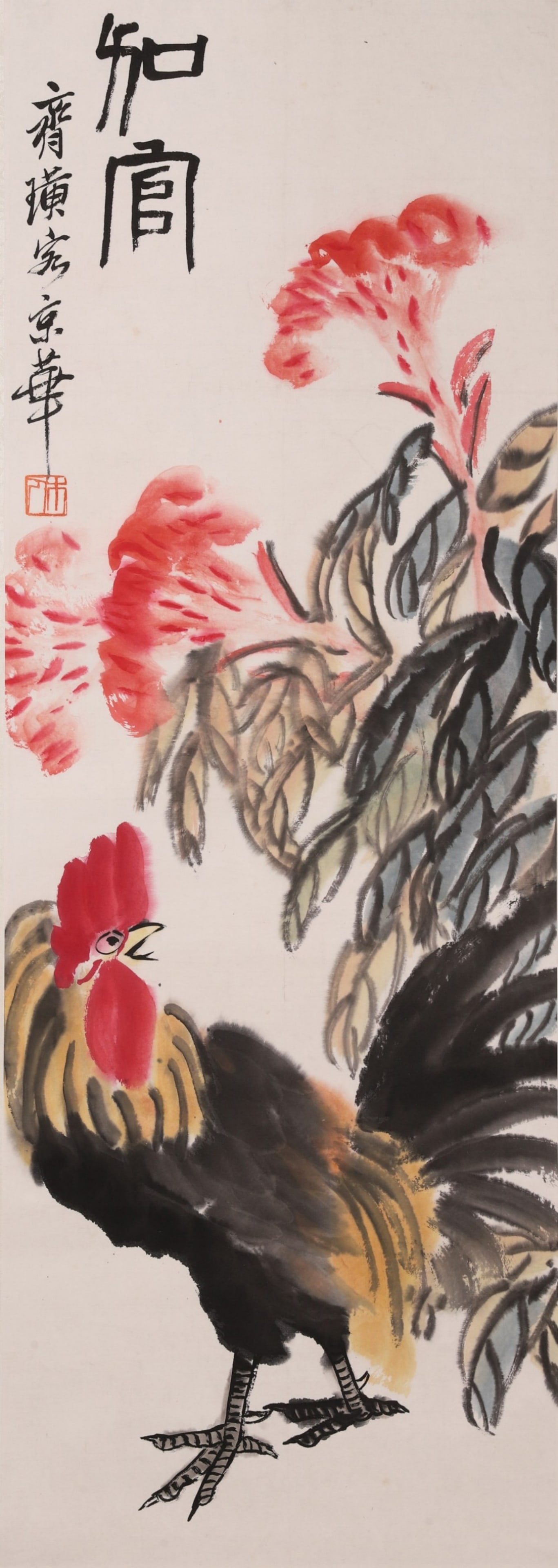A Paper Painting "Official Promotion" Signed Qi Baishi, Modern Era: Core L 98cm (38.58 in); Core W 33cm (12.99 in)A modern color painting on paper by Qi Baishi, depicting a rooster and cockscomb flowers. With bold brushwork and auspicious theme, it embodies the artist