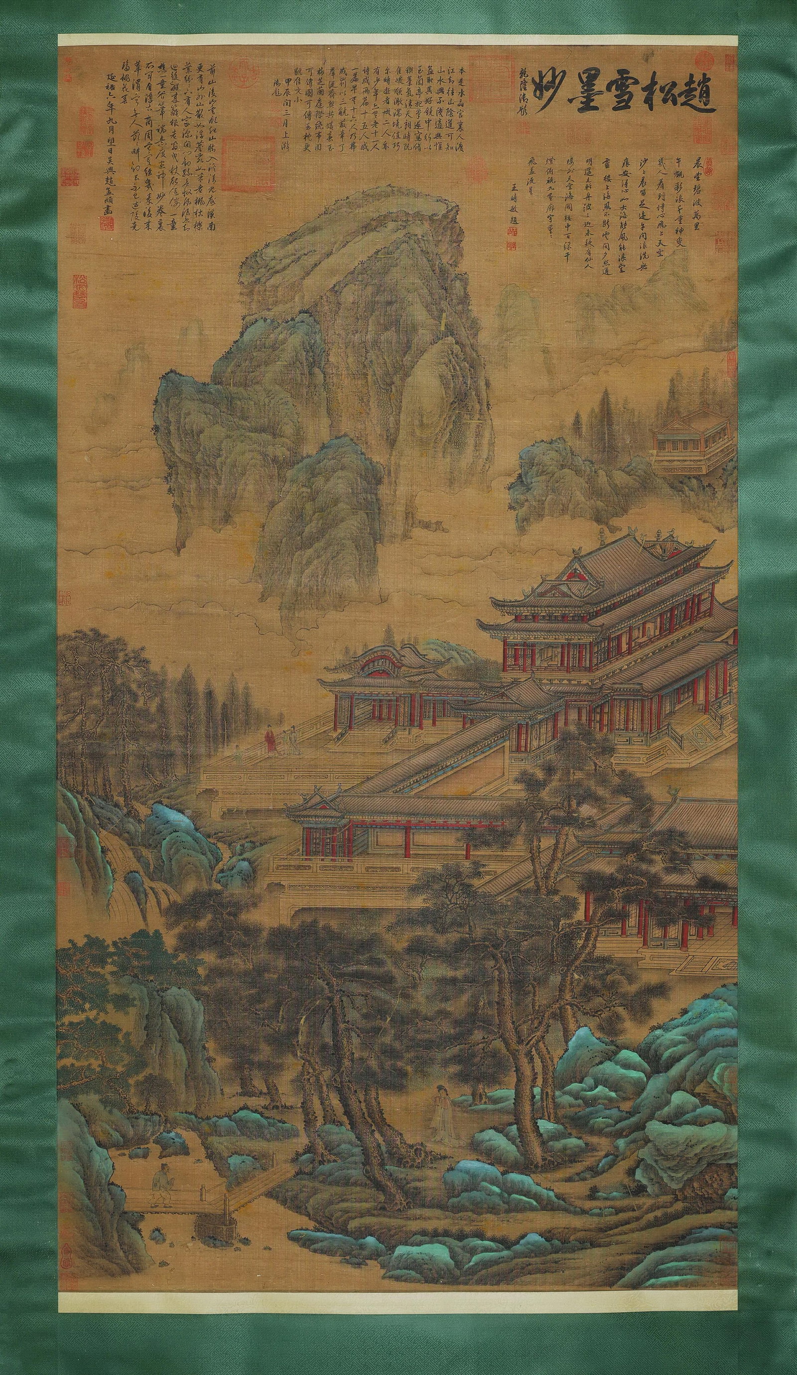 A Green-and-Blue Landscape Hanging Scroll "Immortal Palace in Spring Mist" on Silk, Attributed to: Painting Core SizeL 177cm (69.69 in); W 101cm (39.76 in)A Yuan Dynasty hanging scroll on old silk attributed to Zhao Mengfu, depicting pavilions and mountains in green-and-blue style with meticulous l