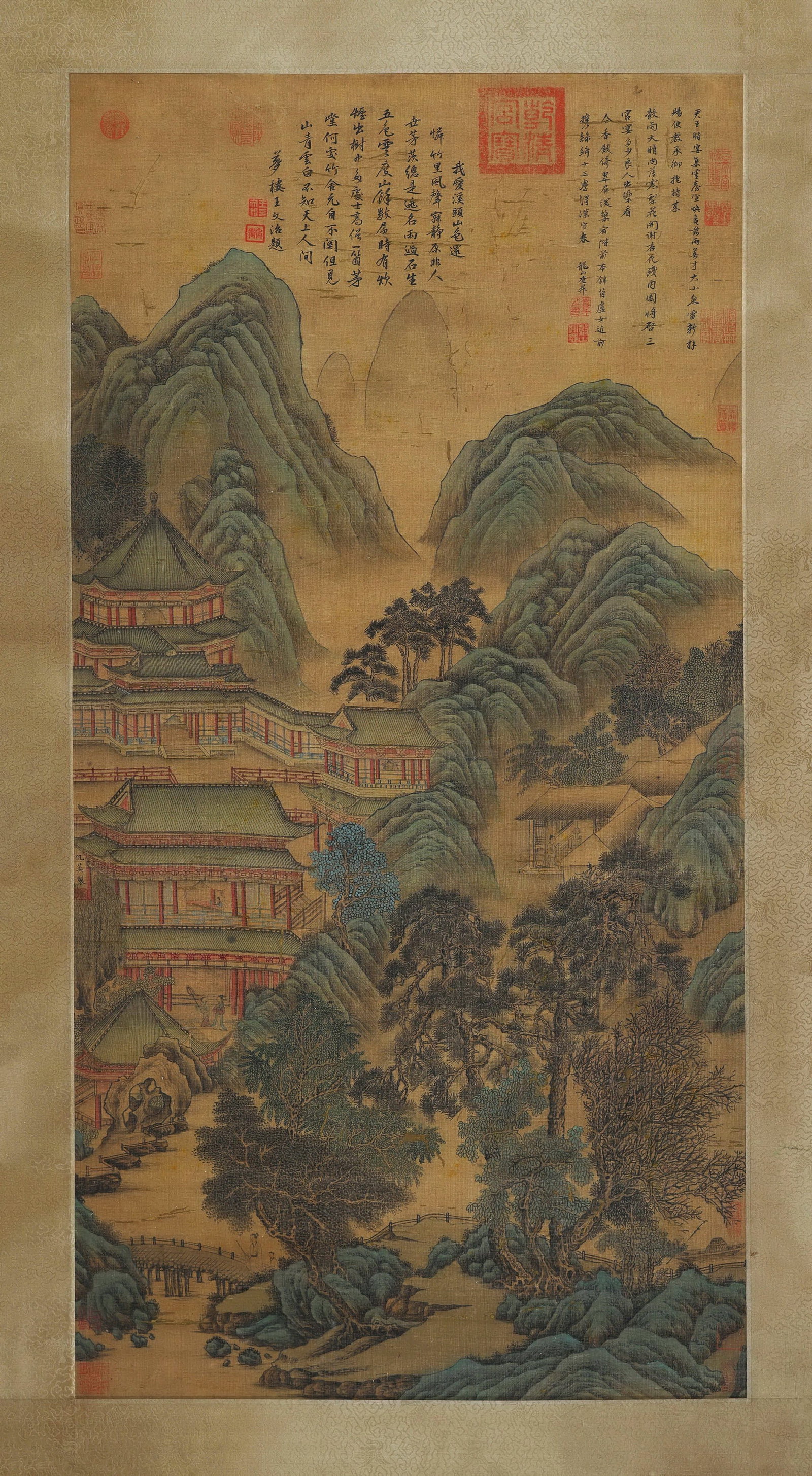 An Old Silk Hanging Scroll of "Immortal Pavilions in Mountains" by Qiu Ying, Ming Dynasty (1 of 9)