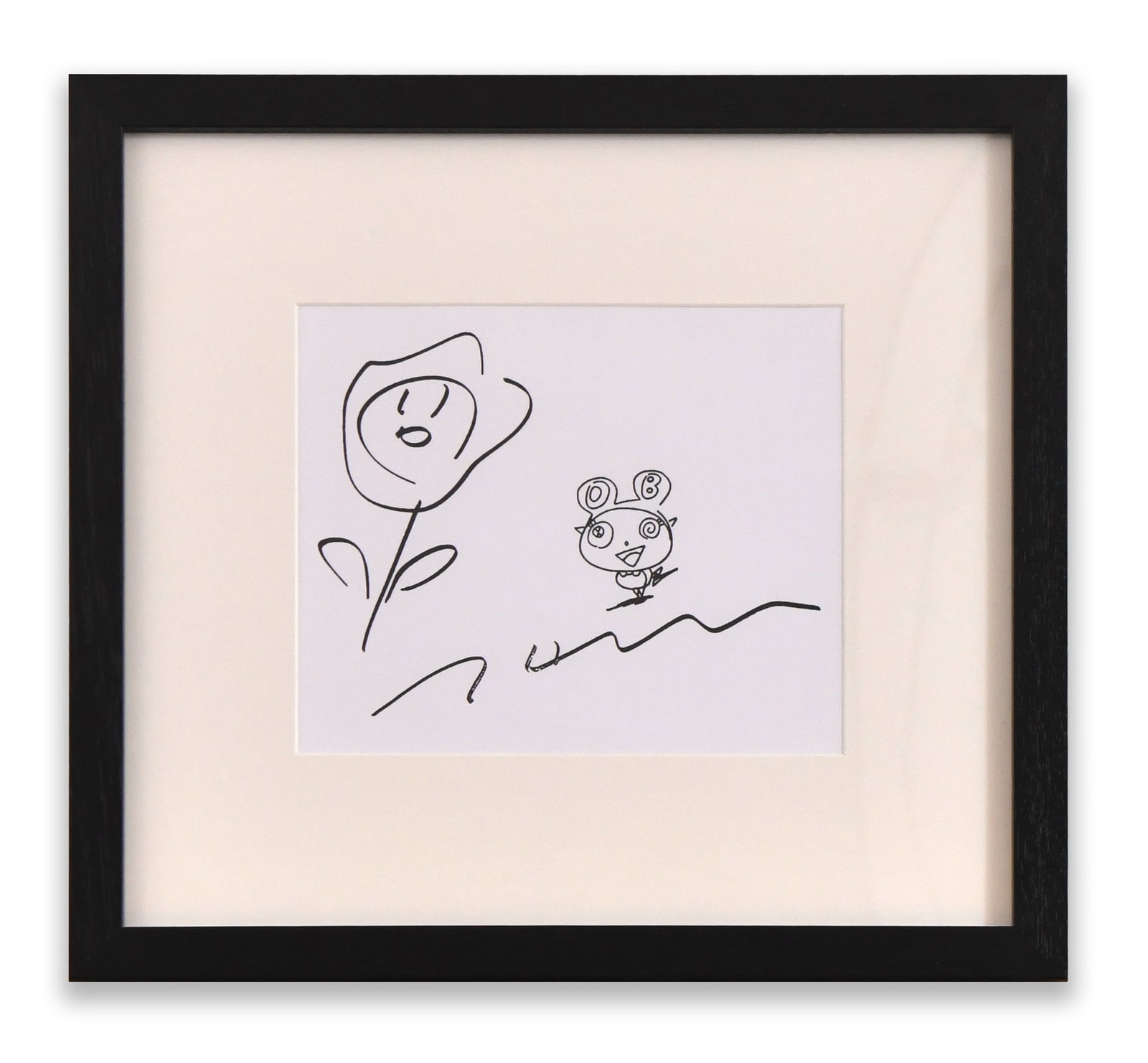 A Framed Artwork. Presented as an attributed work associated with Takashi Murakami.: Dimensions: 40 x 37 cm Provenance and Authenticity: Private collection. Presented as an attributed work associated with Takashi Murakami. Signature: Takashi Murakami Description: The composition