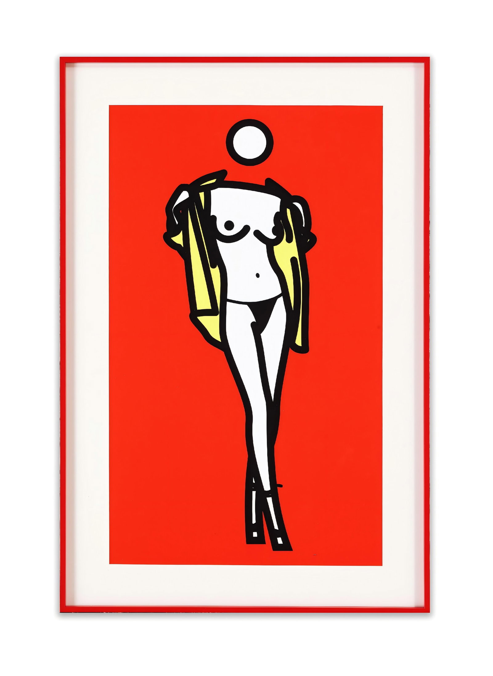 Julian Opie, Standing Nude with Jacket, Red Background: JULIAN OPIE, STANDING NUDE WITH JACKET, RED BACKGROUND Dimensions: Outer frame size: 70 x 50 cm. All measured values are appro x imate. Provenance and Authenticity: This work is a limited-edition