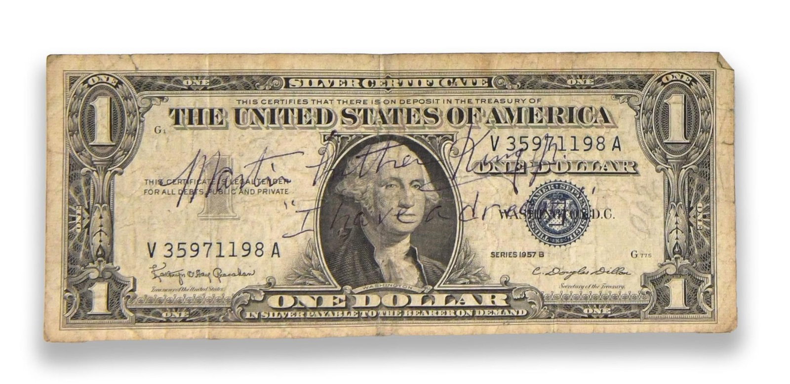 Martin Luther King Jr. (1929-1968), Signed and Inscribed United States One Dollar Note (1 of 2)