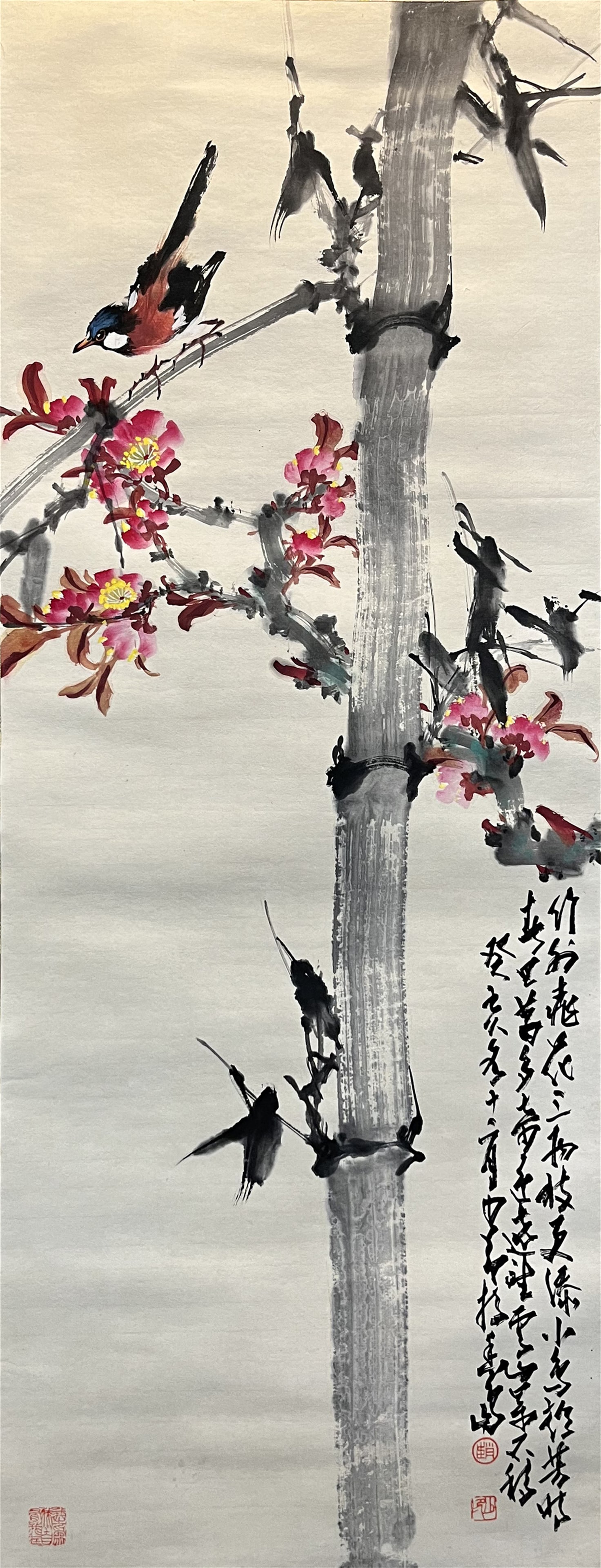 A Hanging Scroll Depicting Birds and Flowers: A Hanging Scroll Depicting Birds and Flowers. Dimensions: 40.94in x 15.94in.