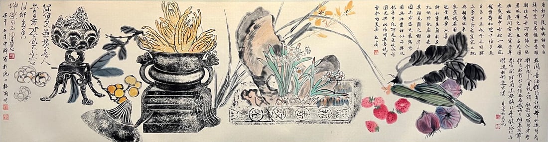 A Chinese Painting Depicting Flowers: A Chinese Painting Depicting Flowers. Dimensions: 18.50in x 70.87in.
