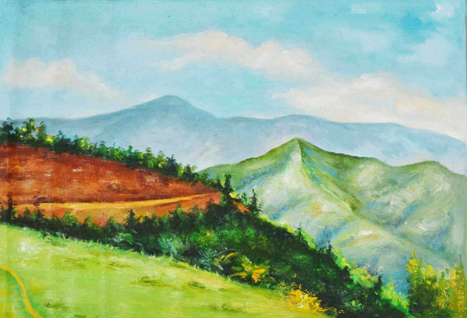 An Oil Painting Depicting Mountain Peak: An Oil Painting Depicting Mountain Peak. Dimensions: 35.43in x 23.62in.