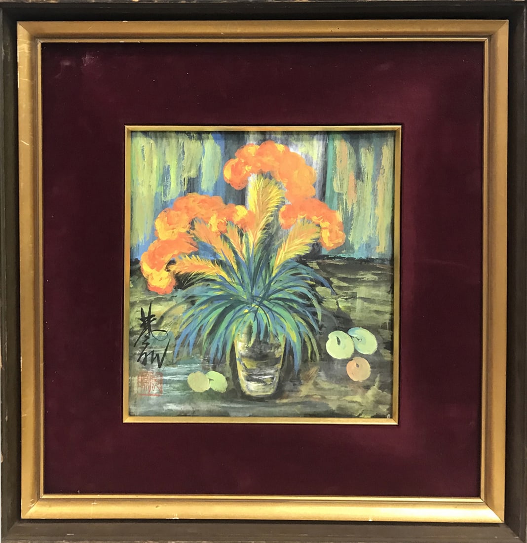 A Chinese Painting Depicting Flowers: A Chinese Painting Depicting Flowers. Dimensions: 10.63in x 9.45in.