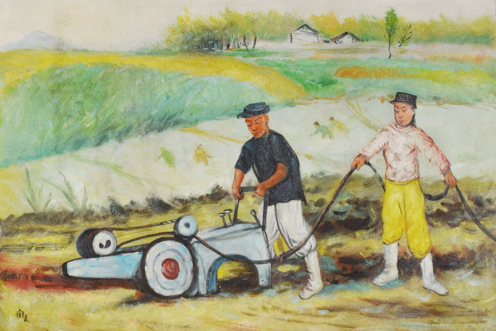 An Oil Painting Depicting Farming Scene: An Oil Painting Depicting Farming Scene. Dimensions: 35.43in x 23.62in.